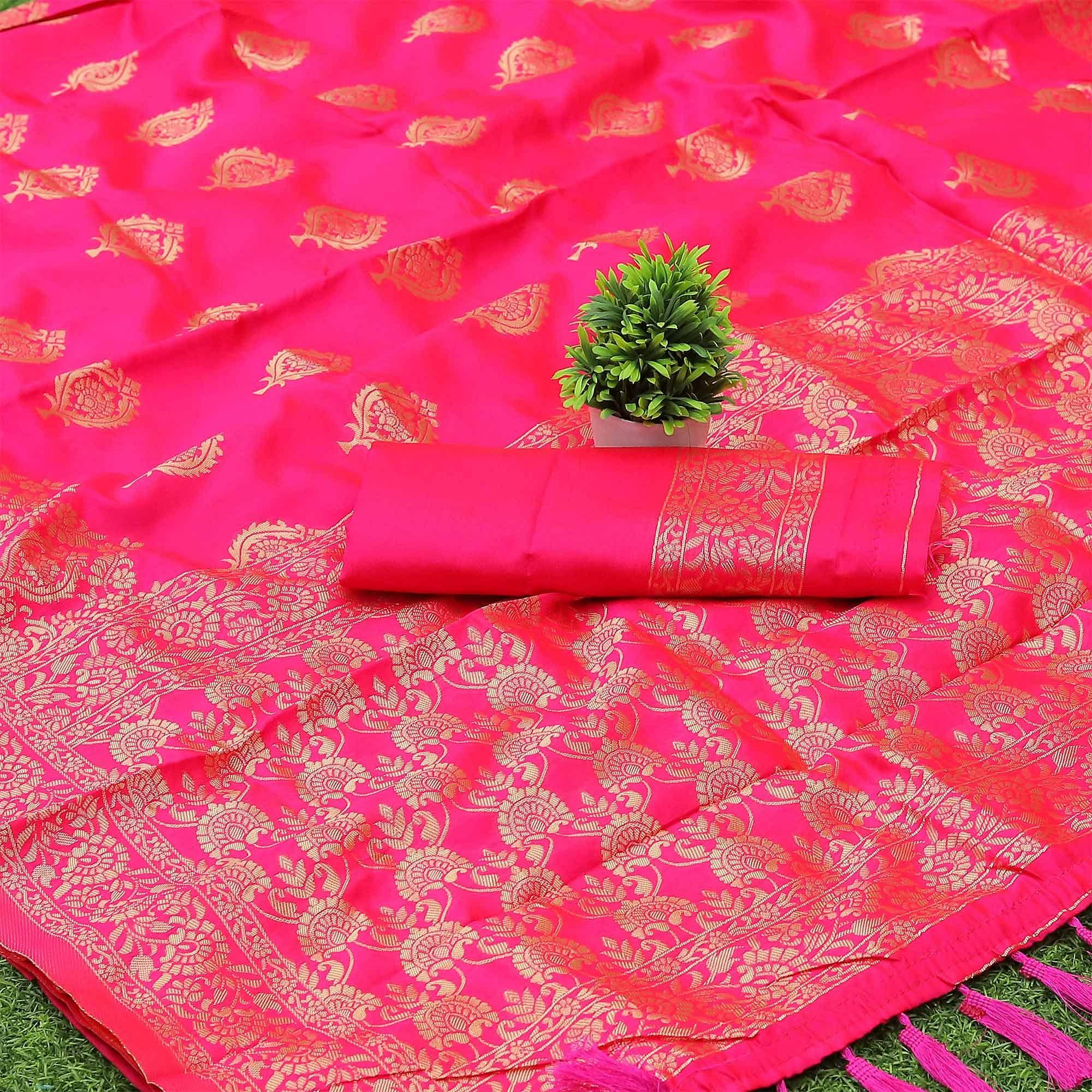 Rani Pink Woven Banarasi Silk Saree With Tassels - Peachmode