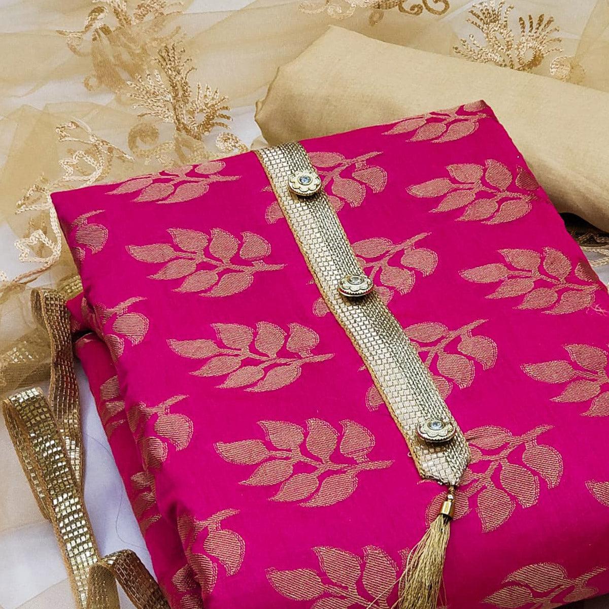 Rani Pink Woven Chanderi Dress Material - Peachmode