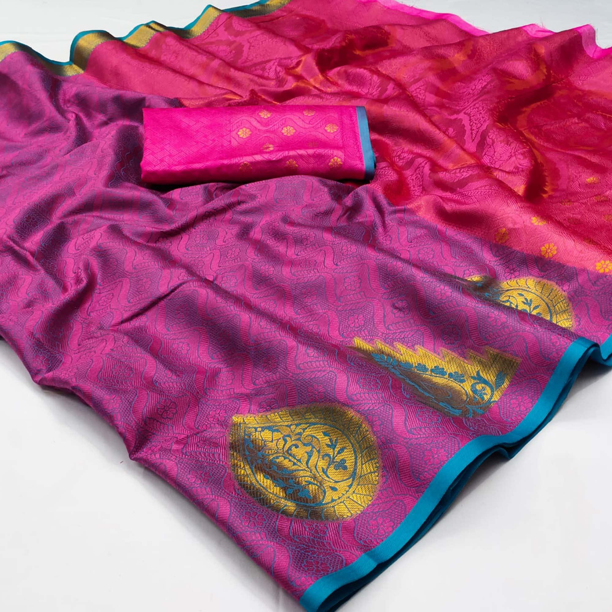 Rani Pink Woven Cotton Silk Saree - Peachmode