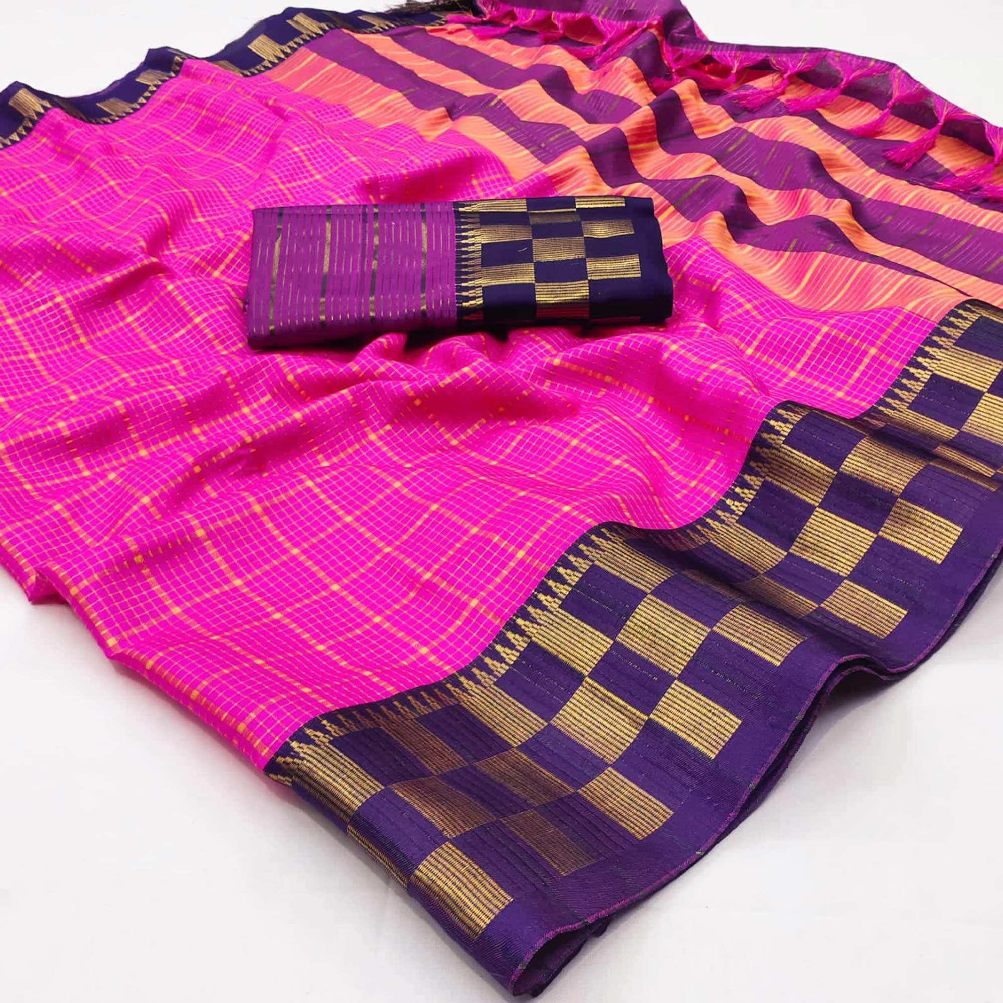 Rani Pink Woven Cotton Silk Saree - Peachmode