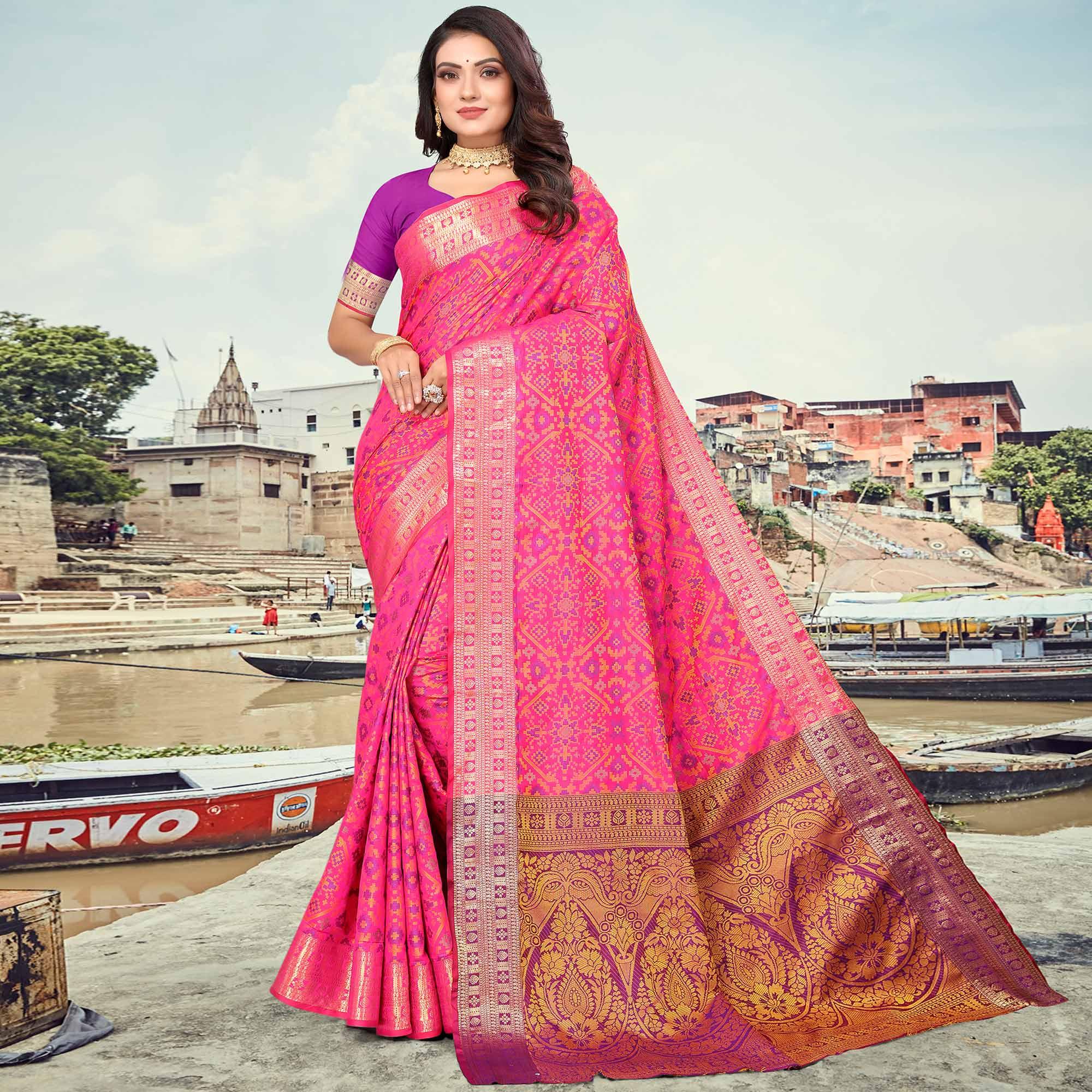 Rani Pink Woven Cotton Silk Saree - Peachmode