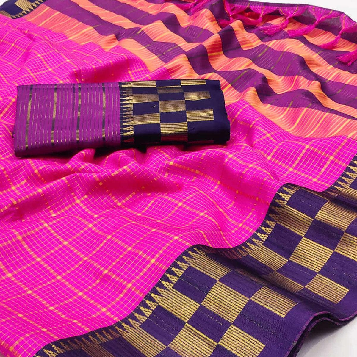 Rani Pink Woven Cotton Silk Saree - Peachmode