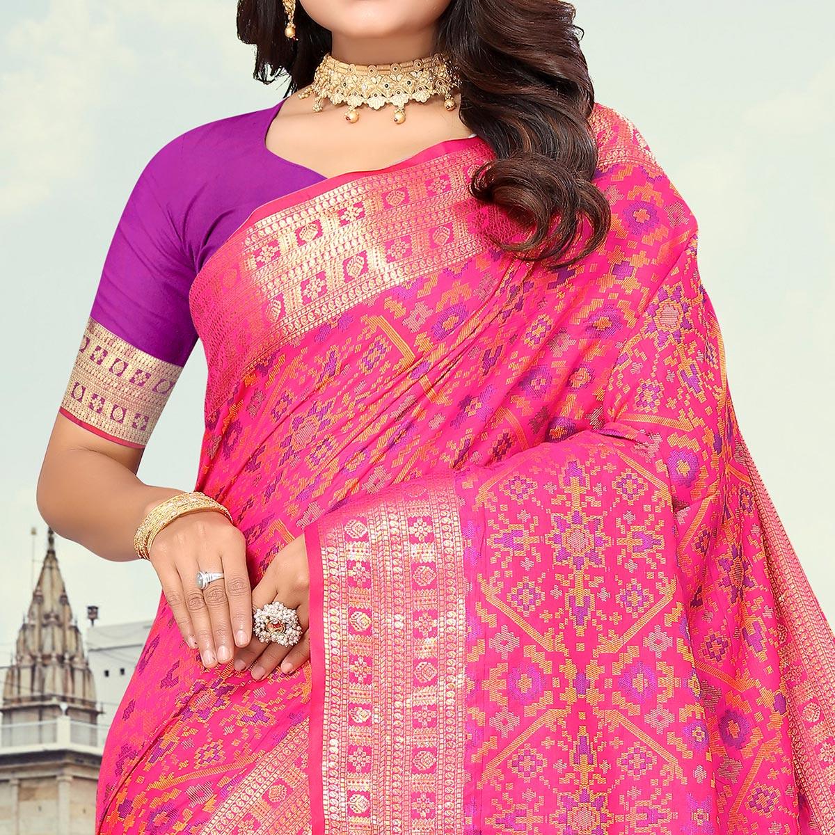 Rani Pink Woven Cotton Silk Saree - Peachmode