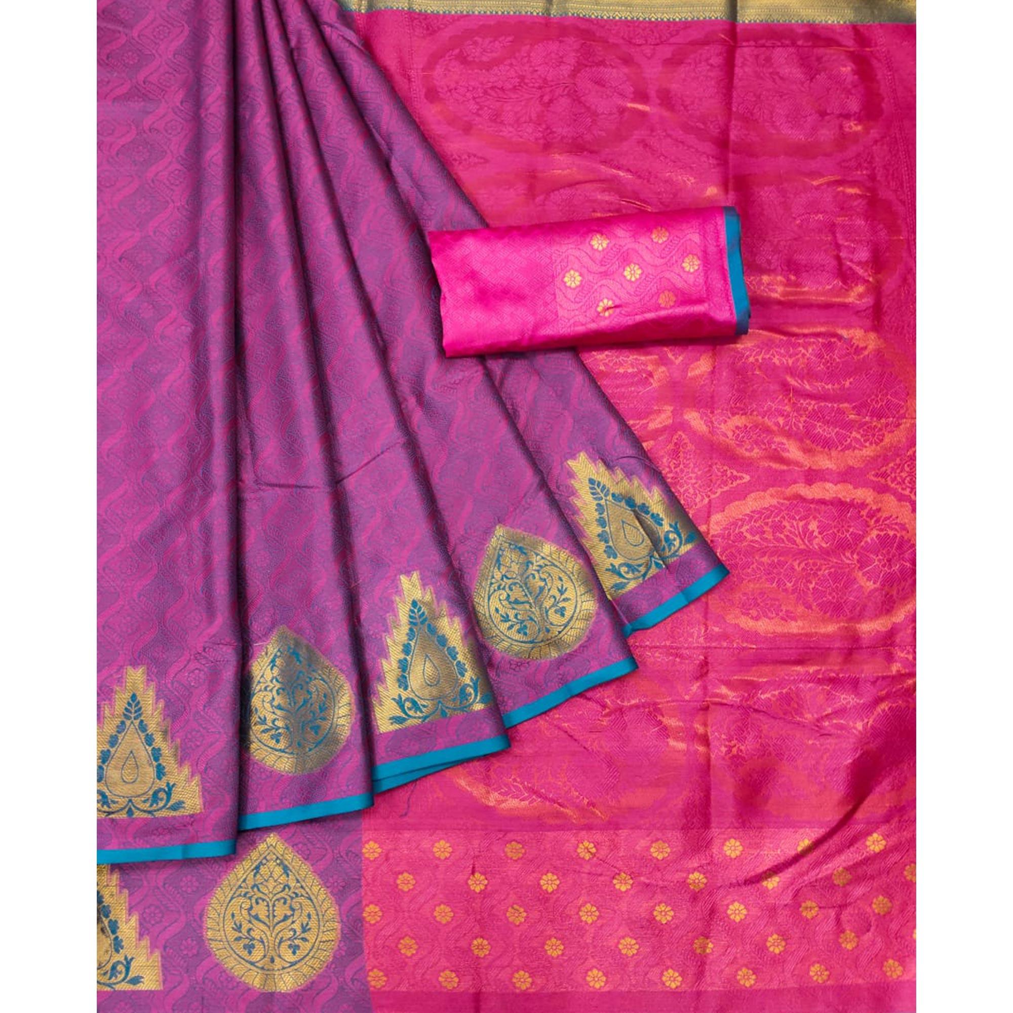 Rani Pink Woven Cotton Silk Saree - Peachmode