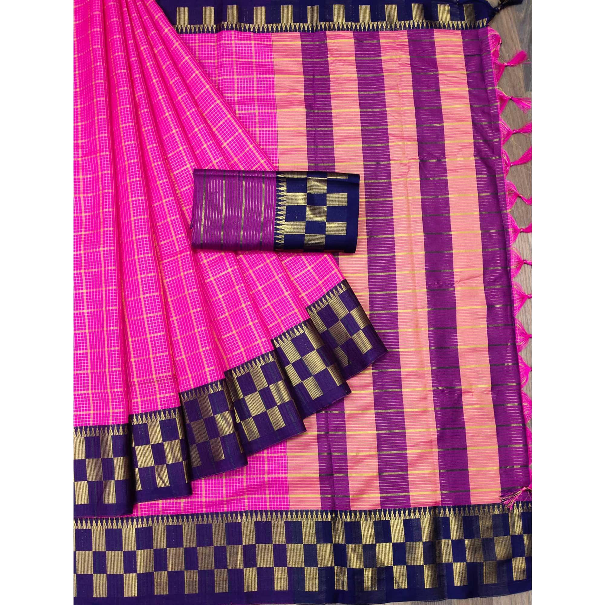 Rani Pink Woven Cotton Silk Saree - Peachmode