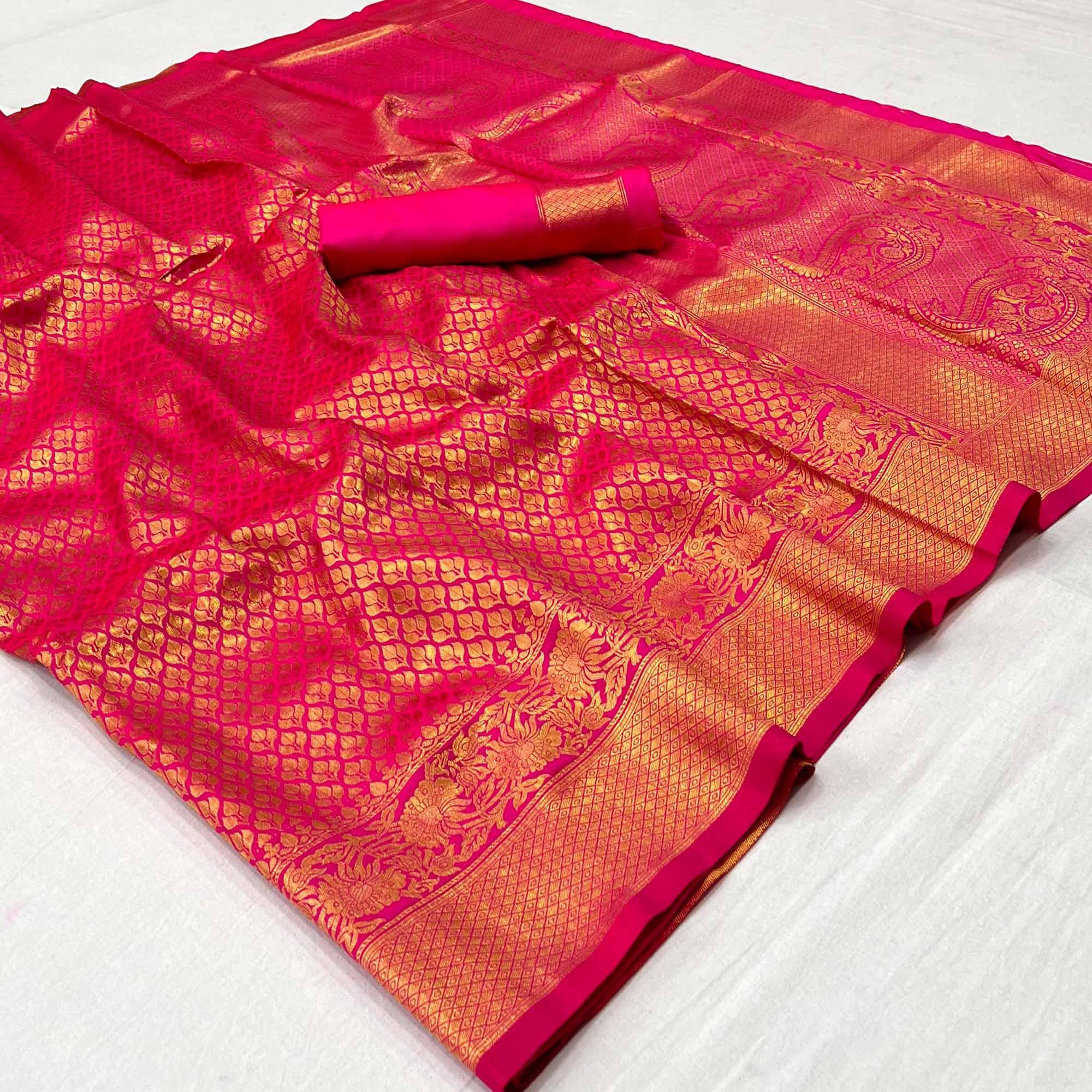 Rani Pink Woven Jacquard Saree - Peachmode