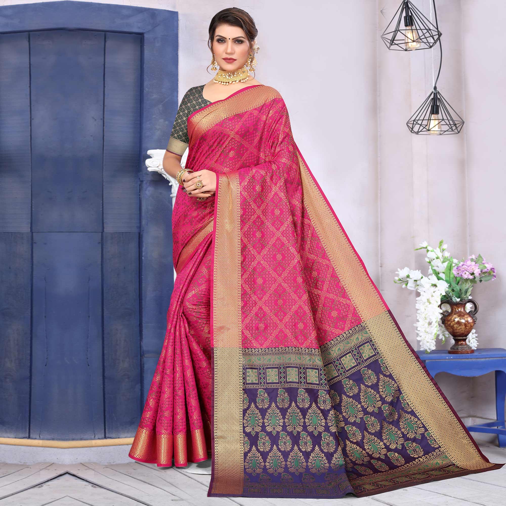 Rani Pink Woven Jacquard Saree - Peachmode