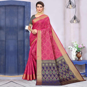 Rani Pink Woven Jacquard Saree - Peachmode