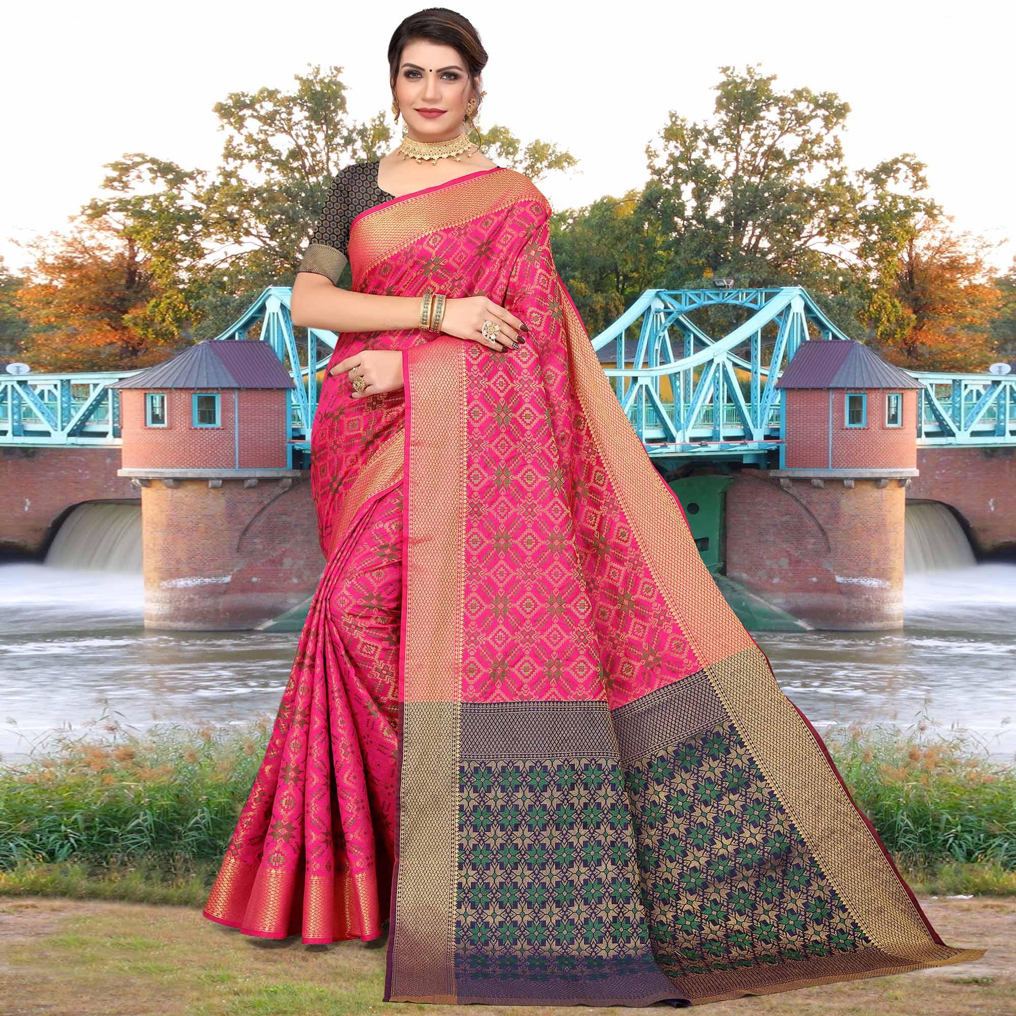 Rani Pink Woven Jacquard Saree - Peachmode