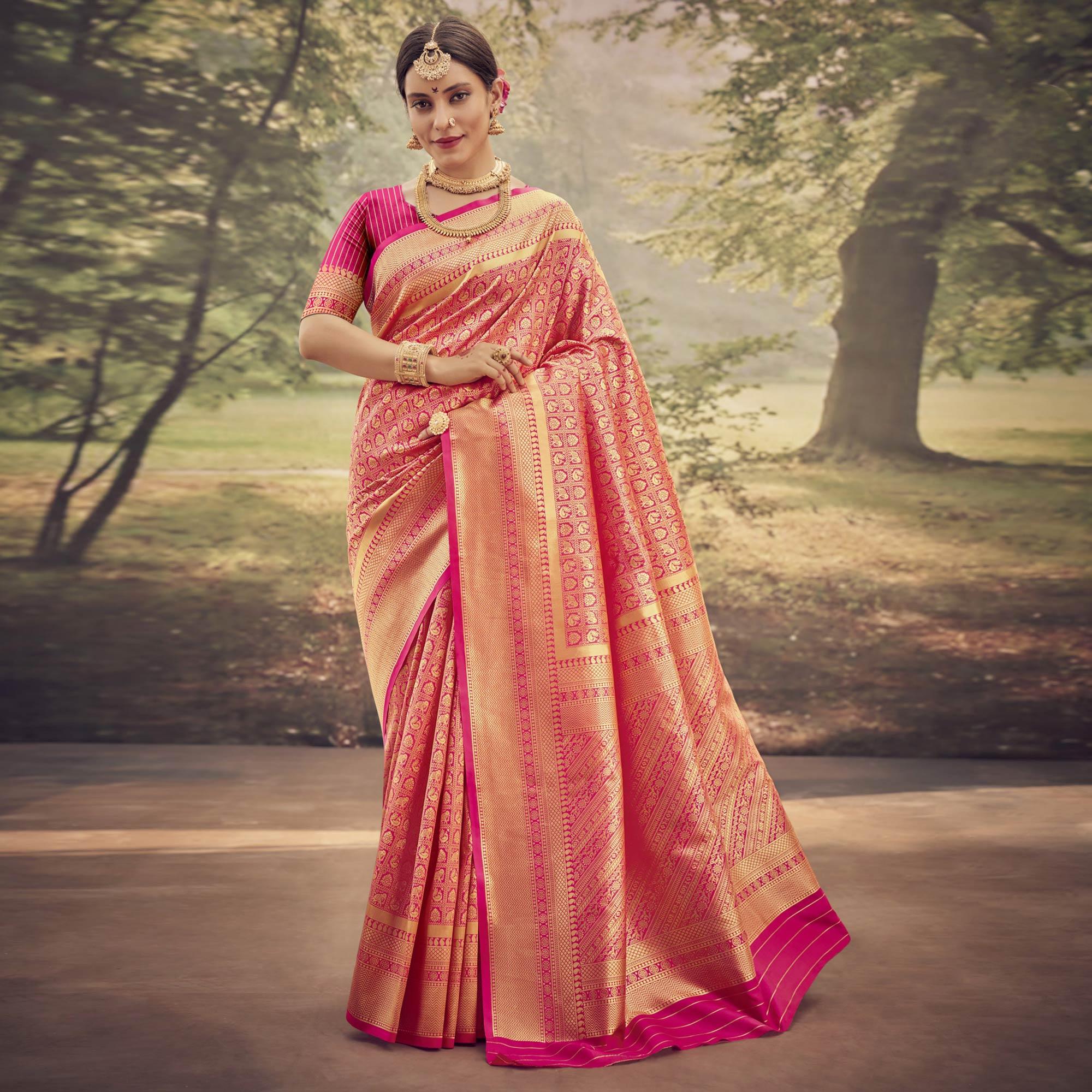 Rani Pink Woven Jacquard Saree - Peachmode