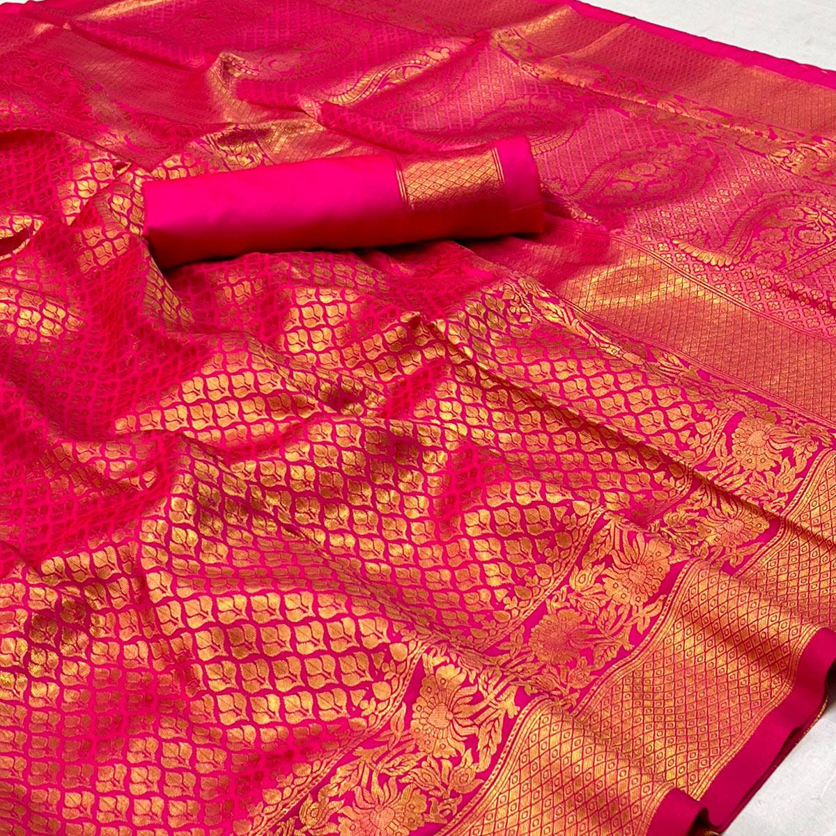 Rani Pink Woven Jacquard Saree - Peachmode