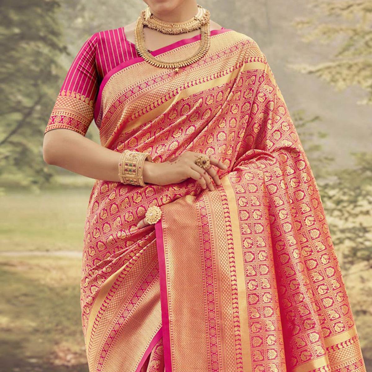 Rani Pink Woven Jacquard Saree - Peachmode