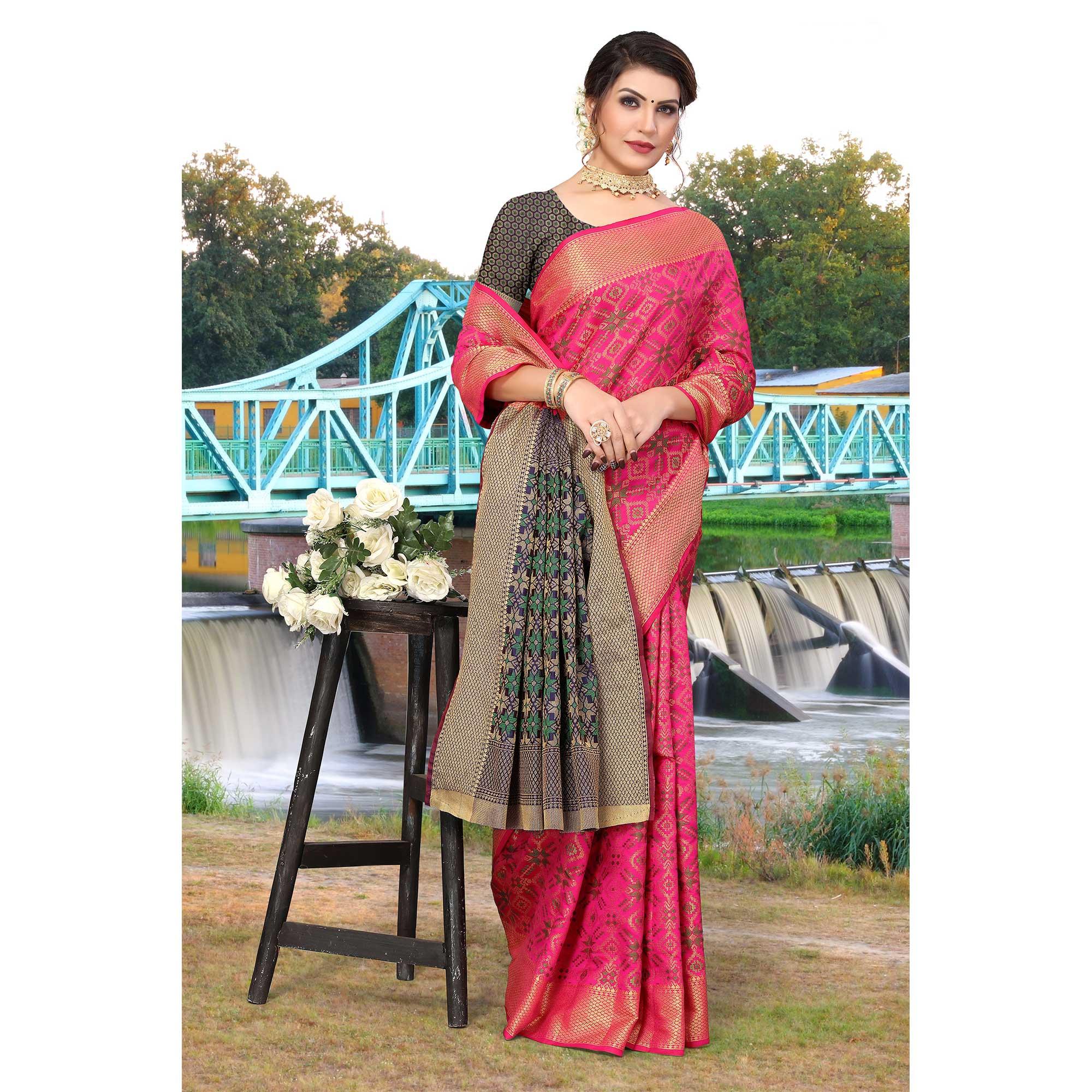 Rani Pink Woven Jacquard Saree - Peachmode