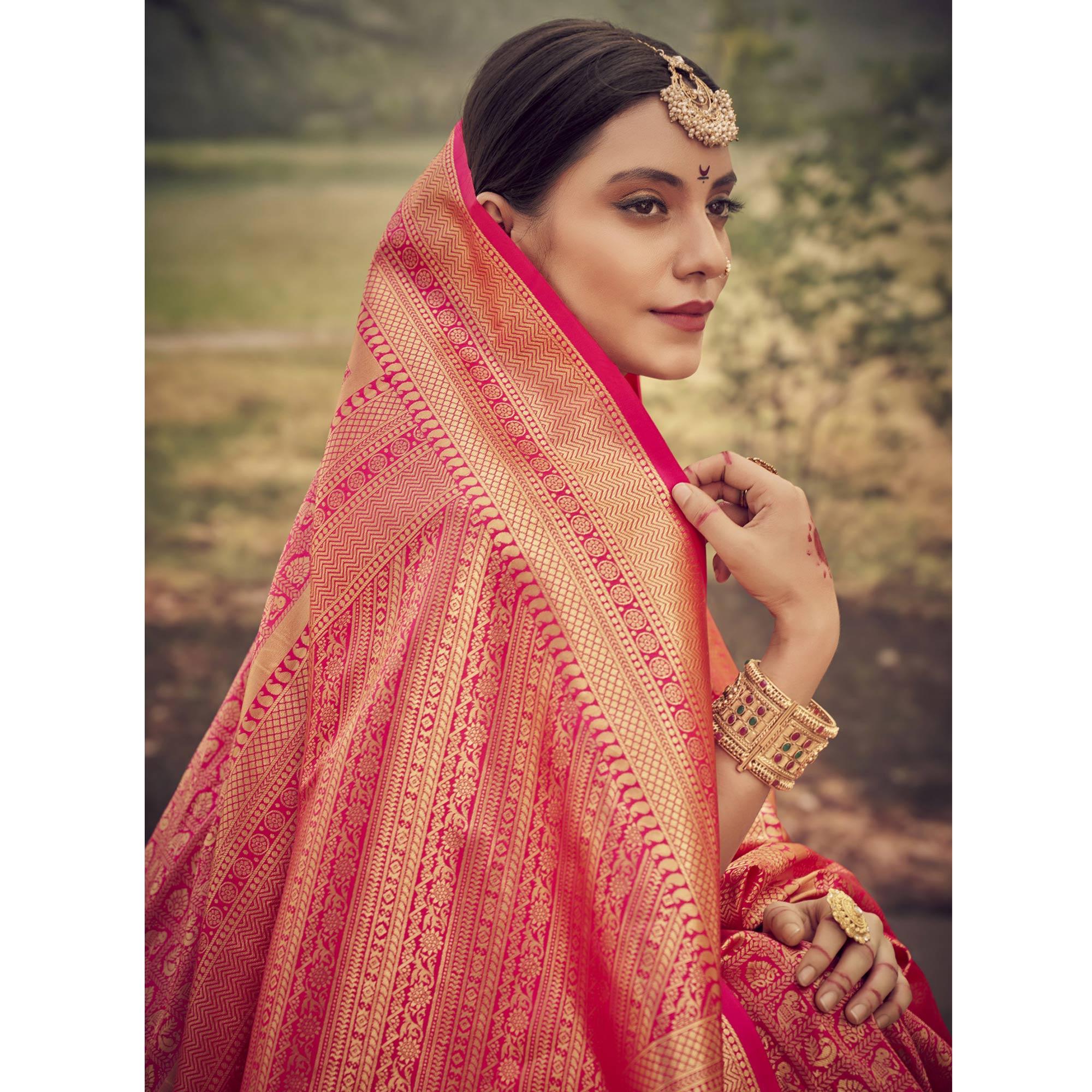 Rani Pink Woven Jacquard Saree - Peachmode