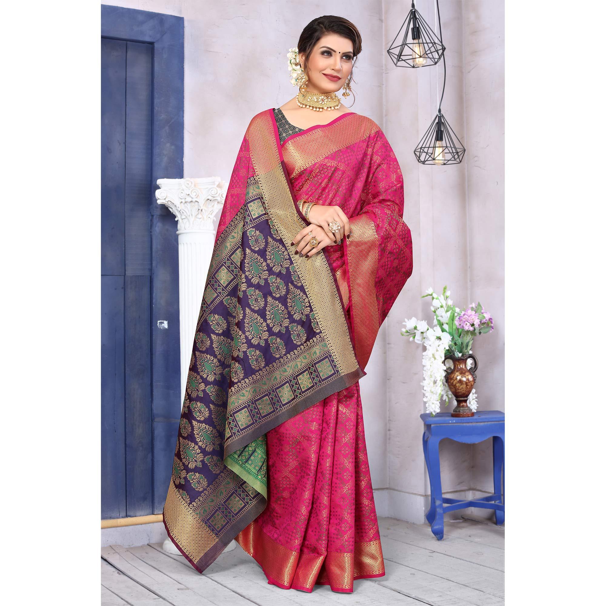 Rani Pink Woven Jacquard Saree - Peachmode