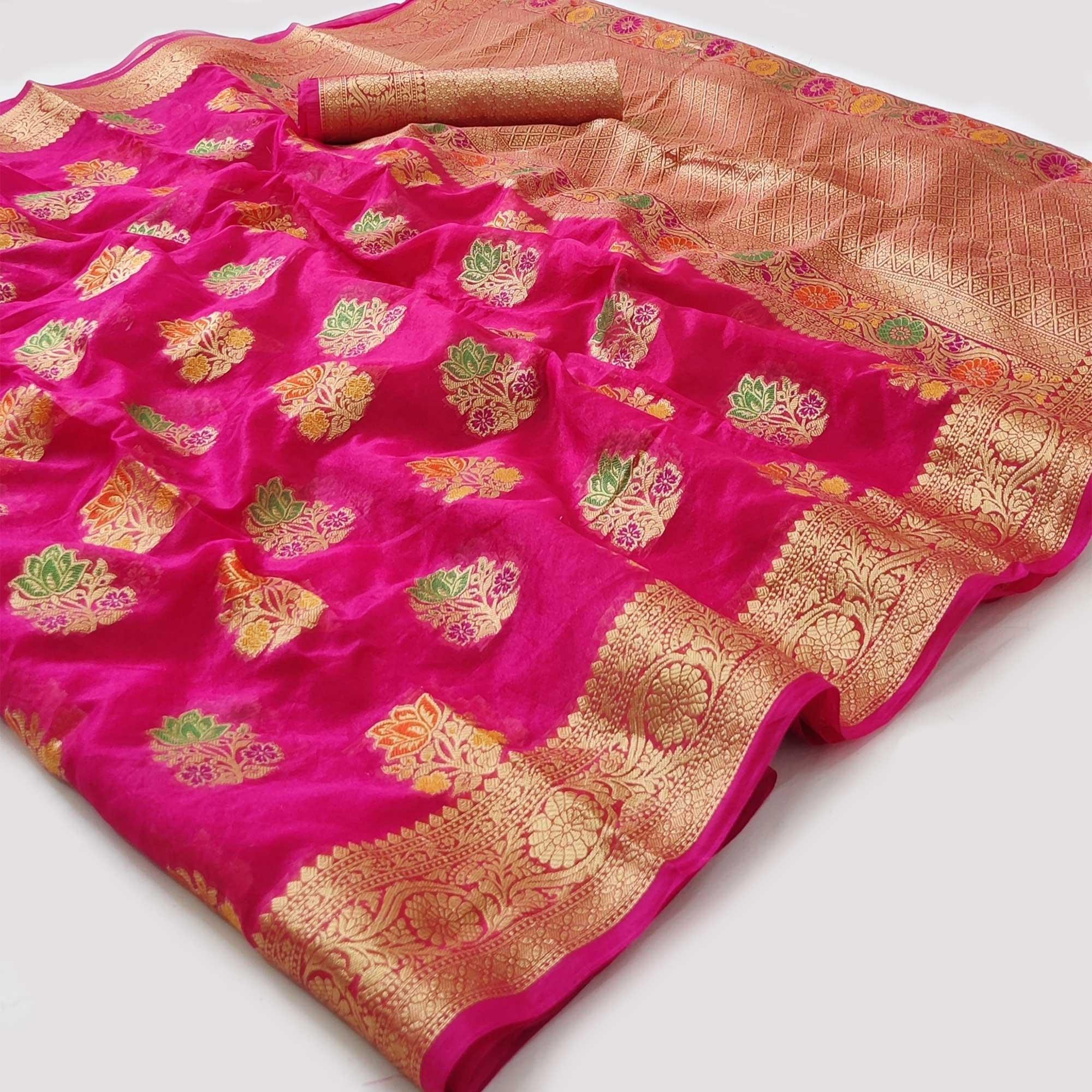 Rani Pink Woven Organza Saree - Peachmode