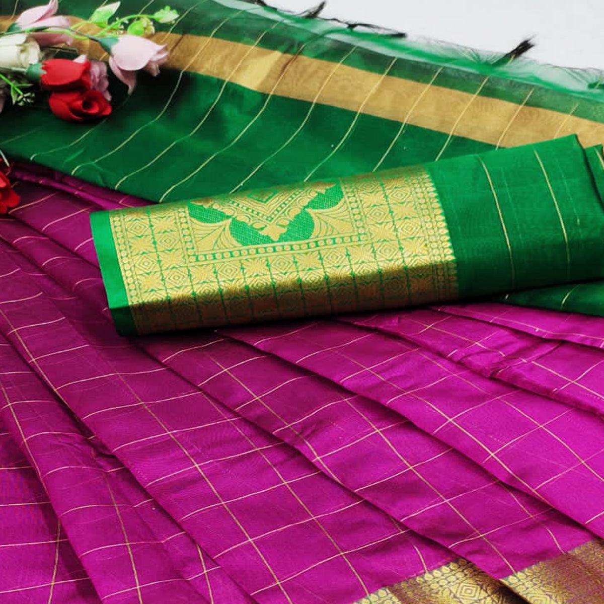 Rani Pink Woven Organza Saree - Peachmode