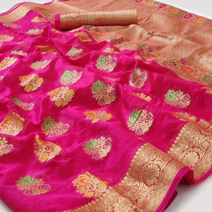 Rani Pink Woven Organza Saree - Peachmode