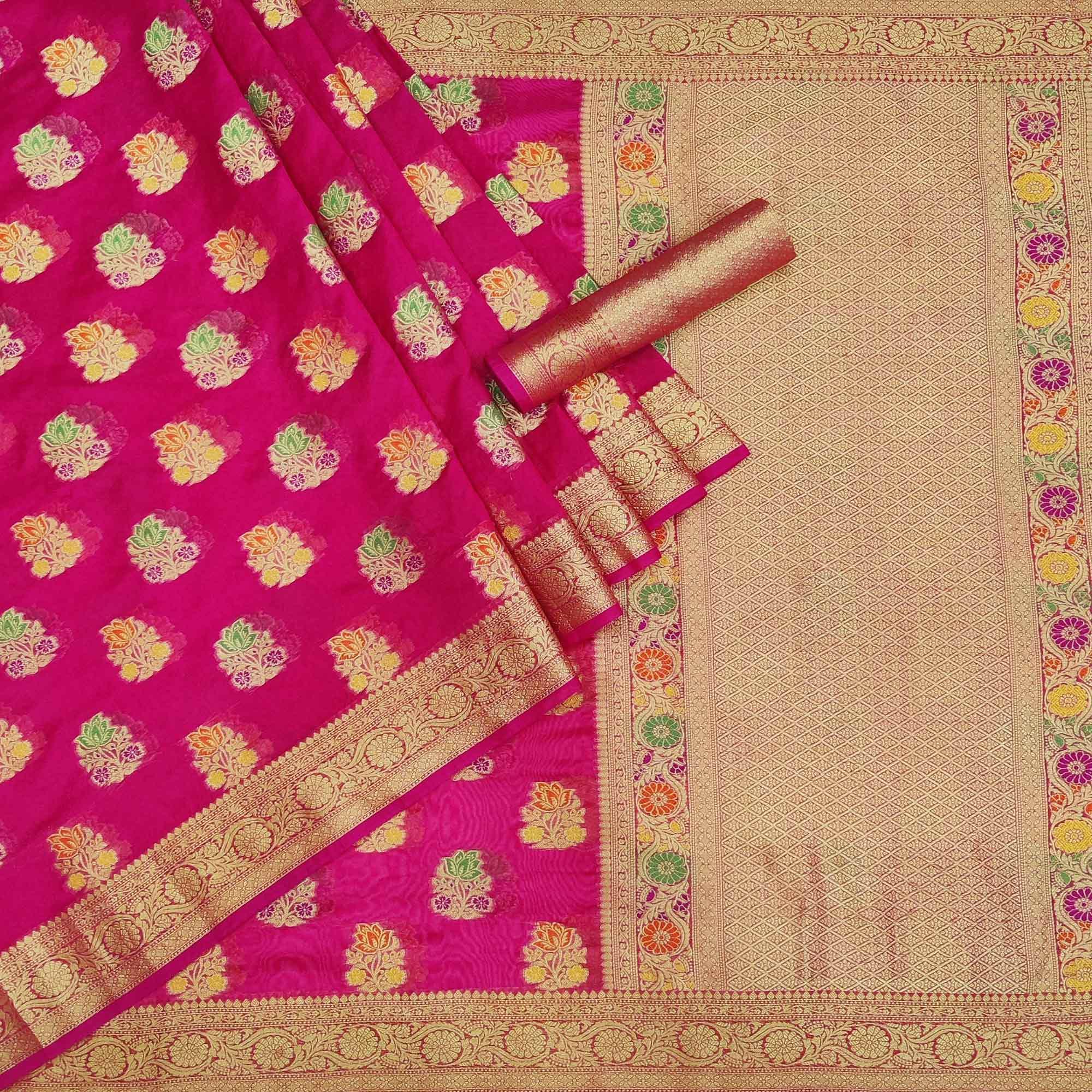 Rani Pink Woven Organza Saree - Peachmode