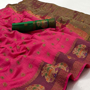 Rani Pink Woven Poly Cotton Saree - Peachmode