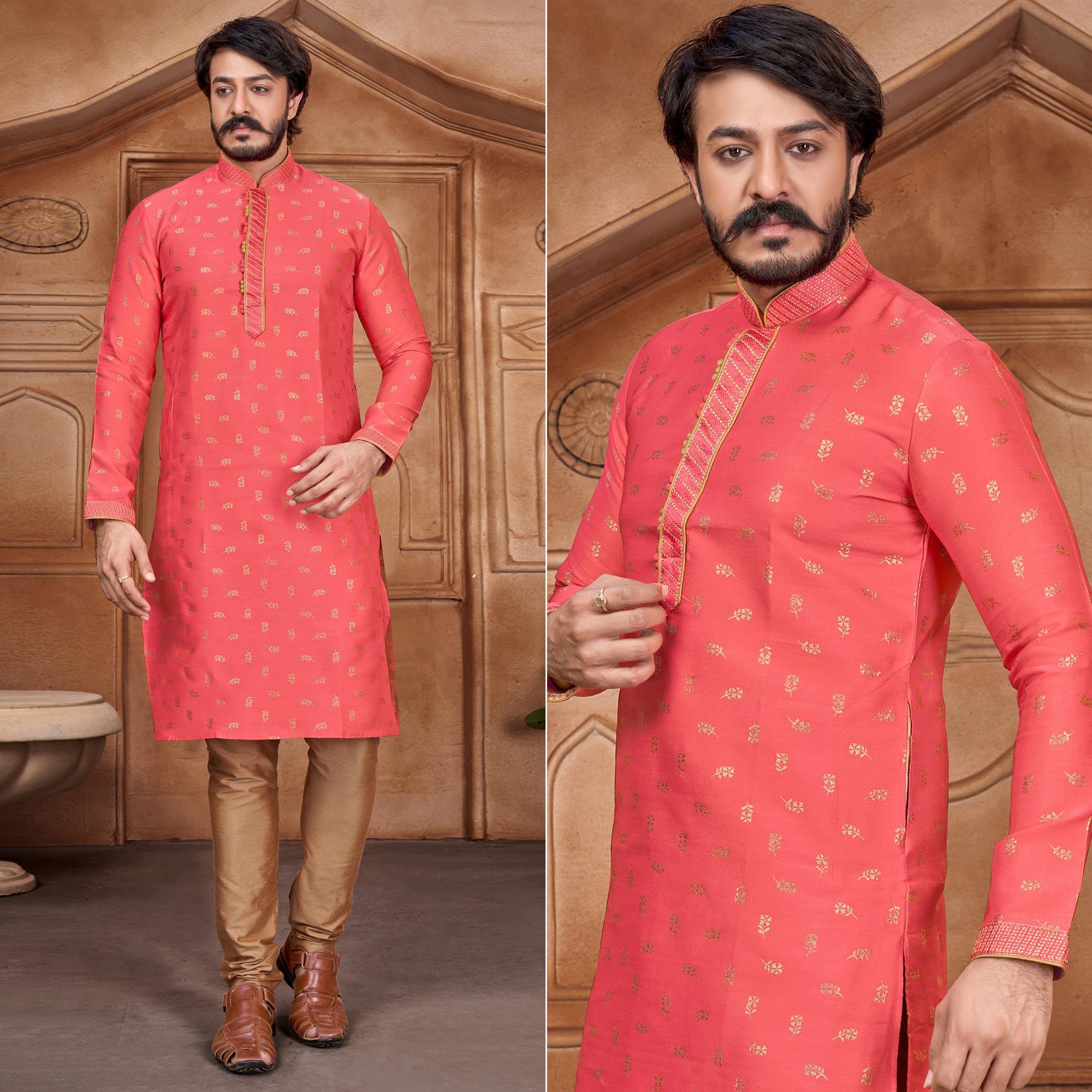 Rani Pink Woven With Embroidered Art Silk Kurta Pyjama Set - Peachmode