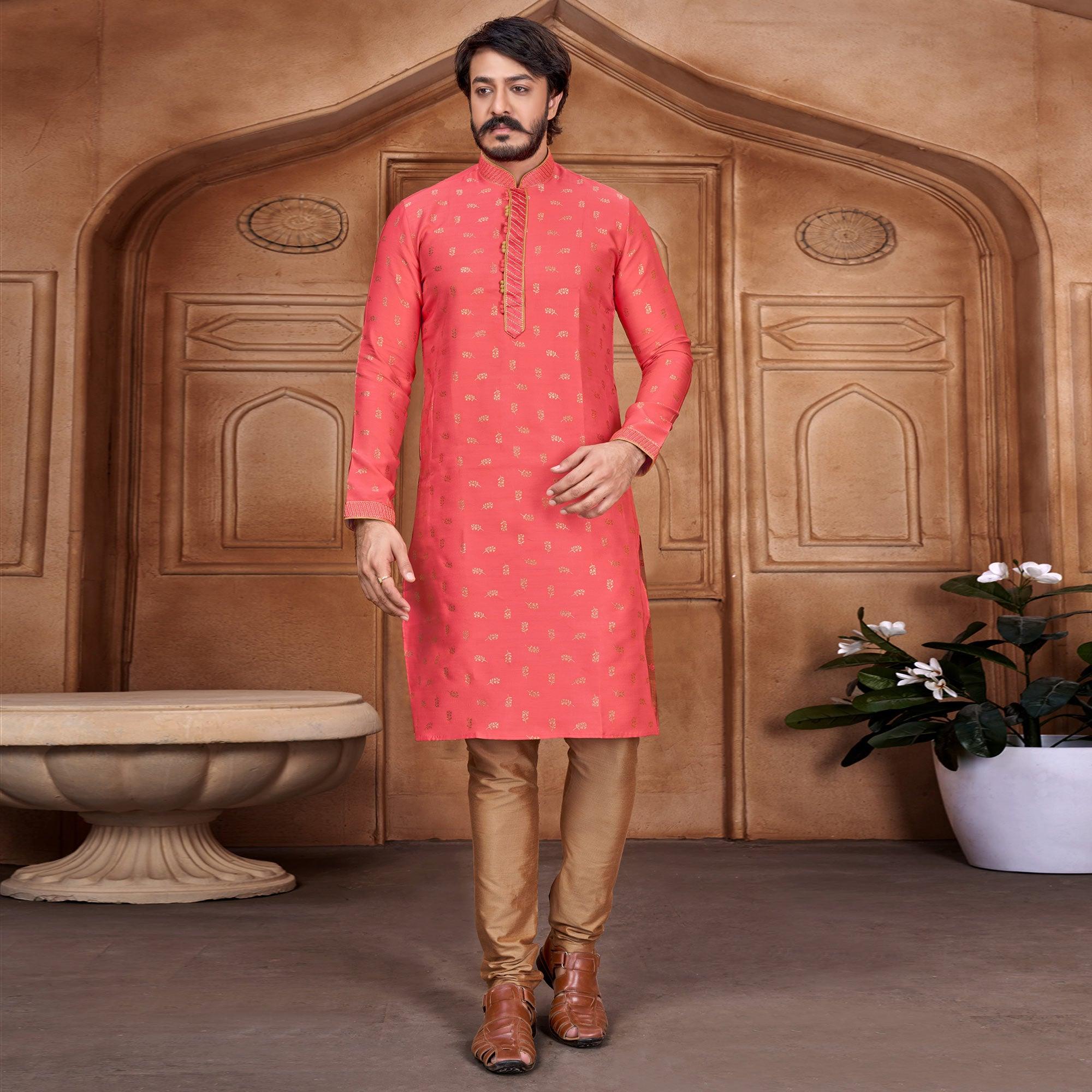 Rani Pink Woven With Embroidered Art Silk Kurta Pyjama Set - Peachmode