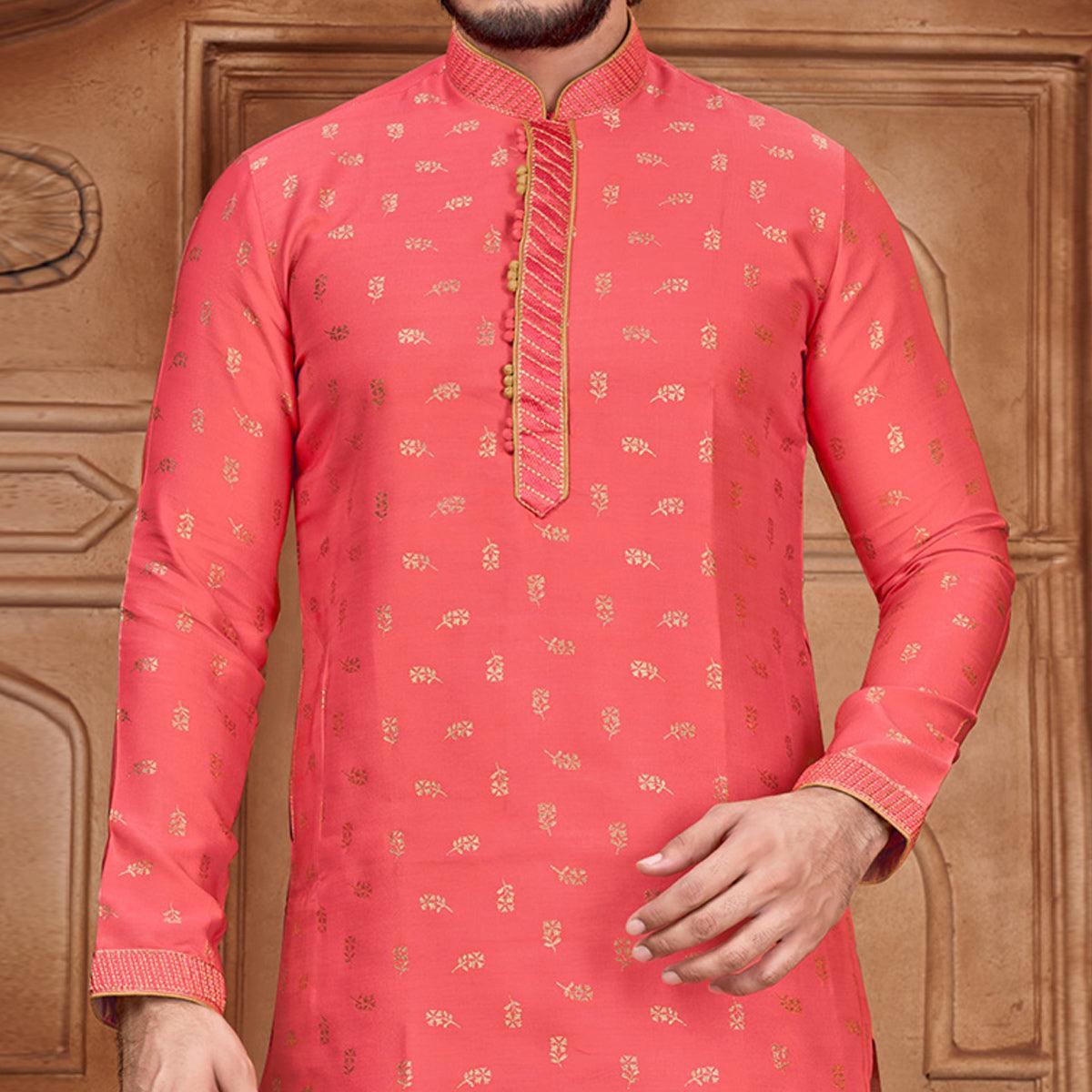 Rani Pink Woven With Embroidered Art Silk Kurta Pyjama Set - Peachmode