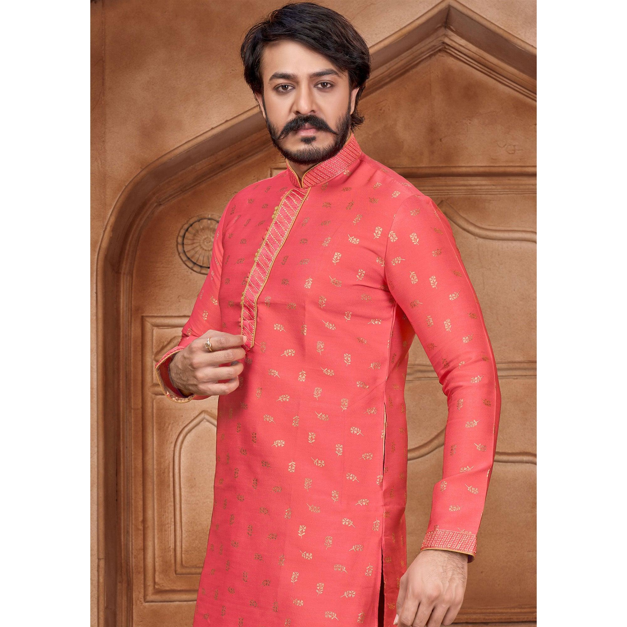 Rani Pink Woven With Embroidered Art Silk Kurta Pyjama Set - Peachmode