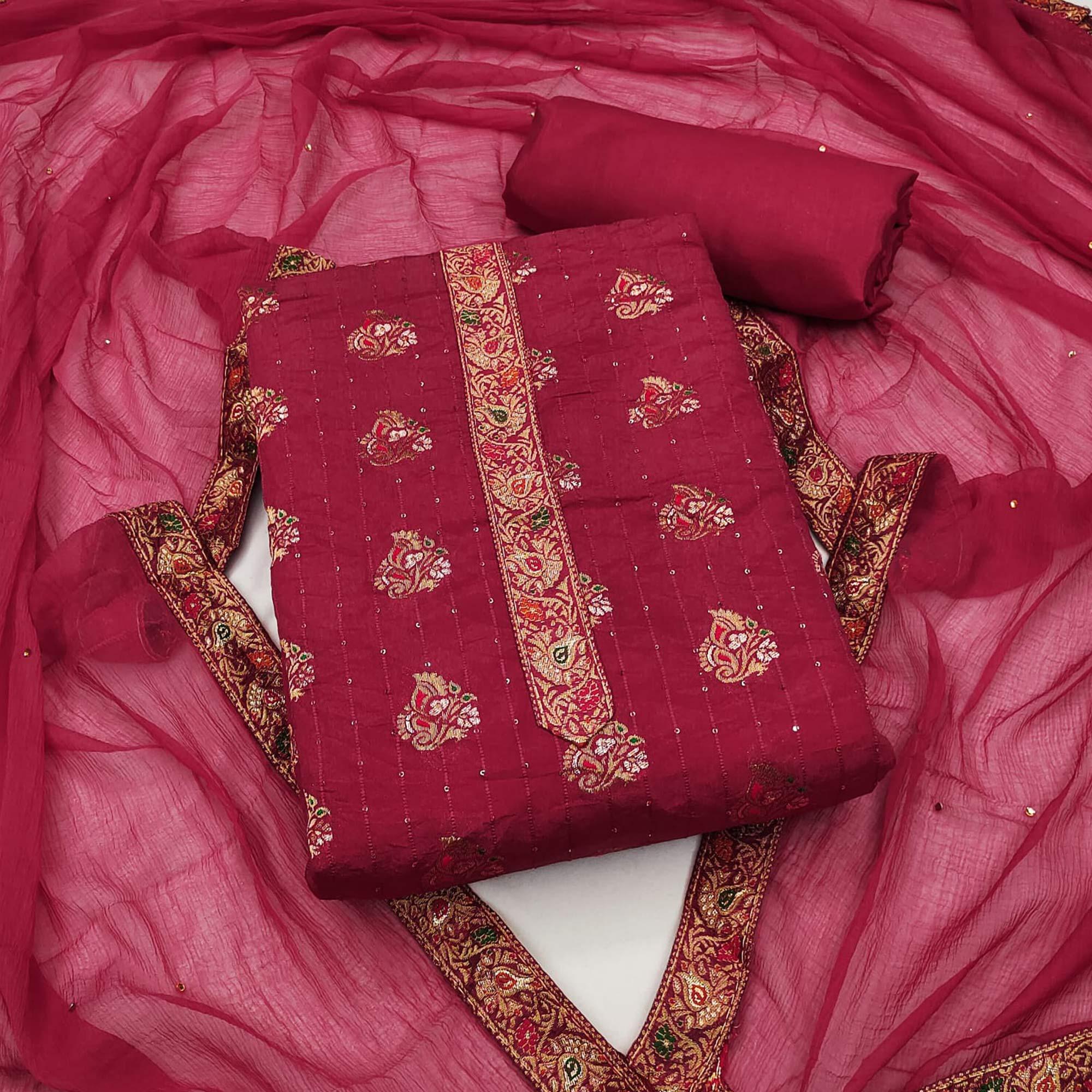 Rani Pink Woven With Sequence Art Silk Dress Material - Peachmode