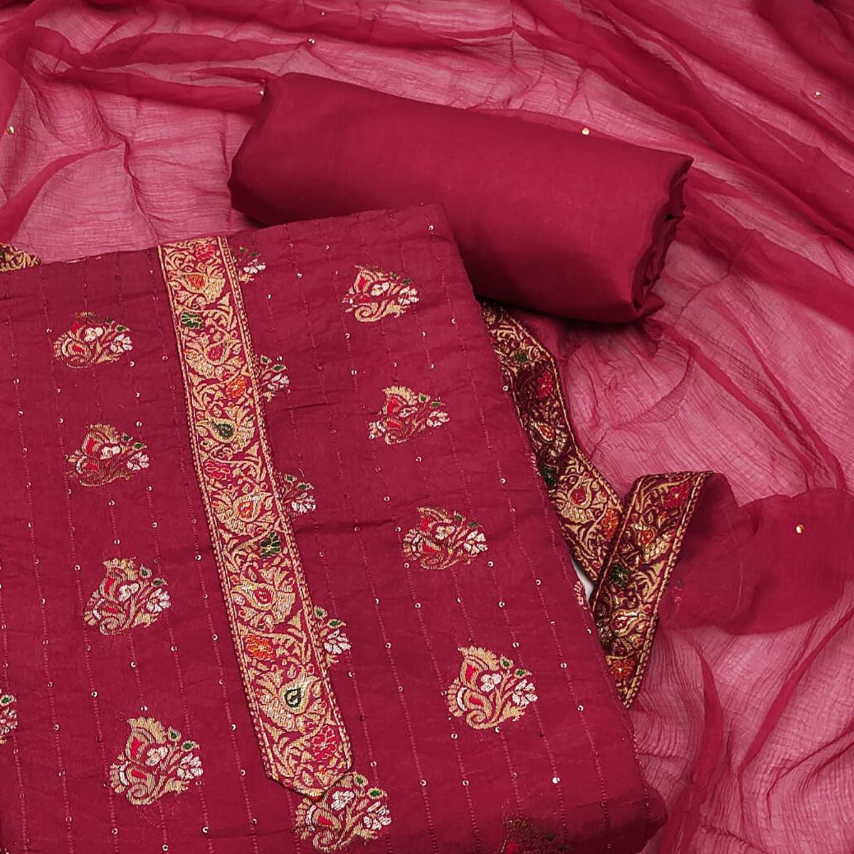 Rani Pink Woven With Sequence Art Silk Dress Material - Peachmode