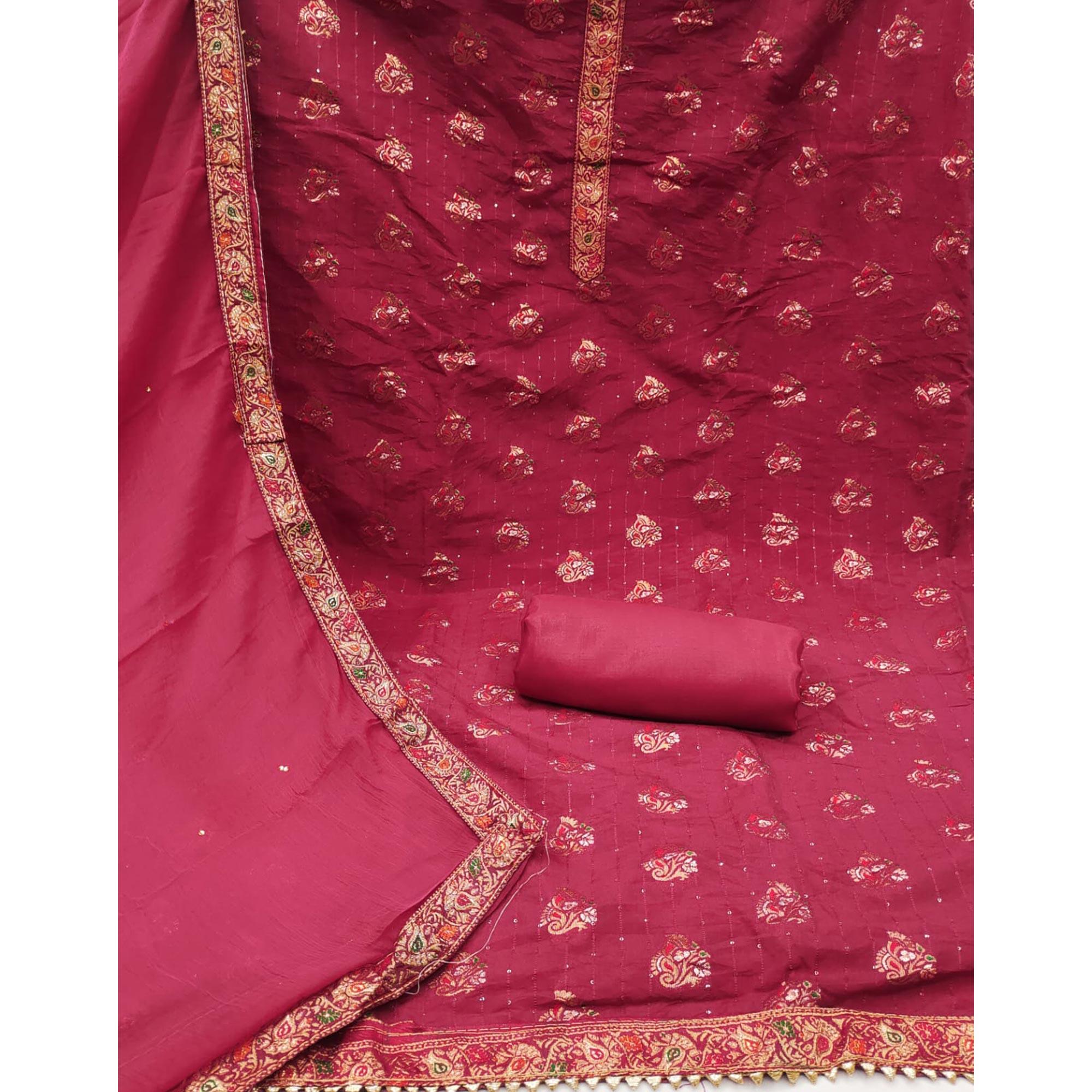 Rani Pink Woven With Sequence Art Silk Dress Material - Peachmode