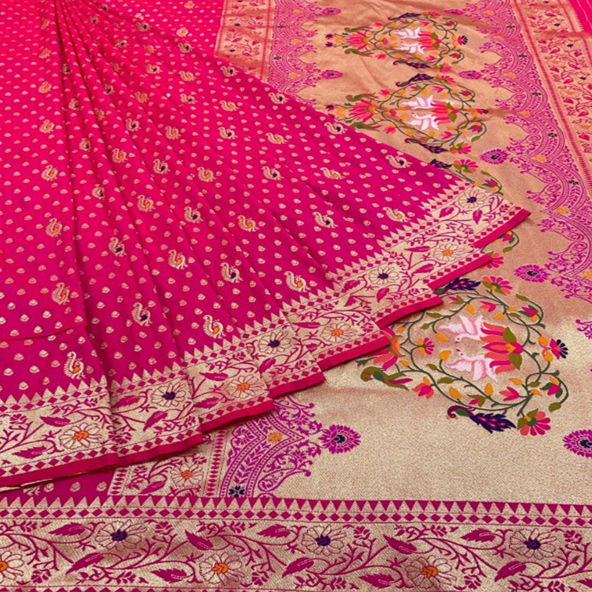 Rani Pink Zari Woven Art Silk Saree - Peachmode