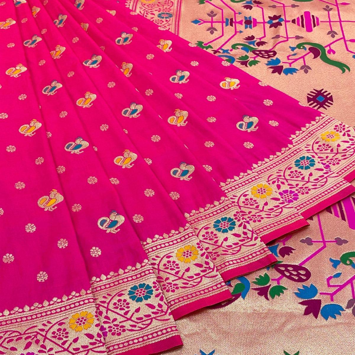 Rani Pink Zari Woven Art Silk Saree - Peachmode