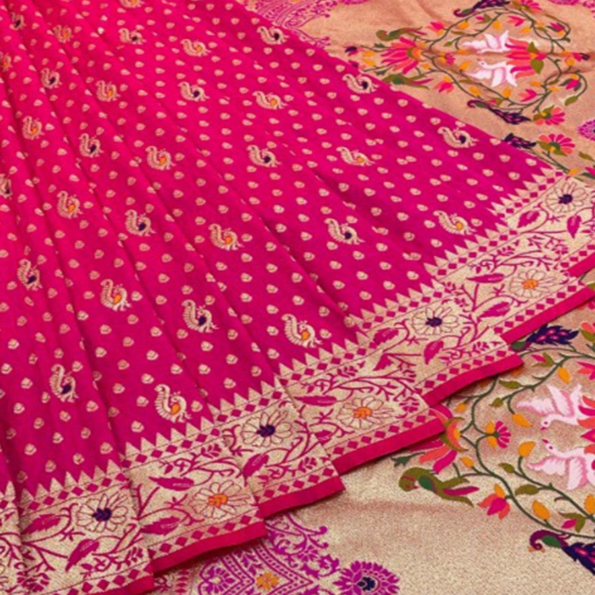 Rani Pink Zari Woven Art Silk Saree - Peachmode