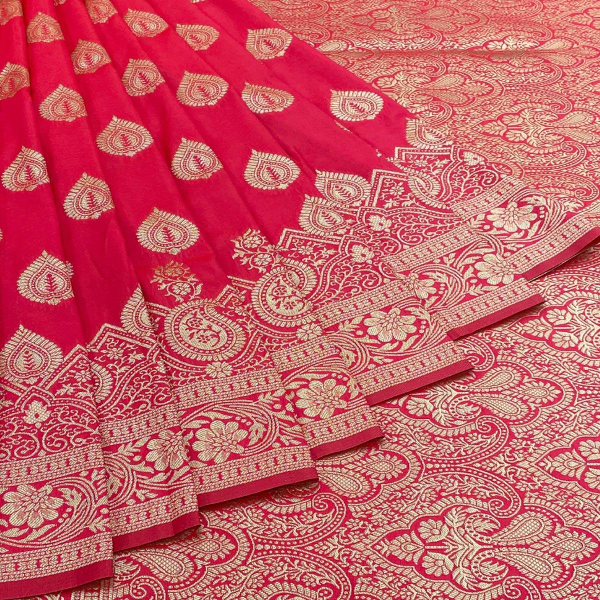 Rani Pink Zari Woven Art Silk Saree - Peachmode
