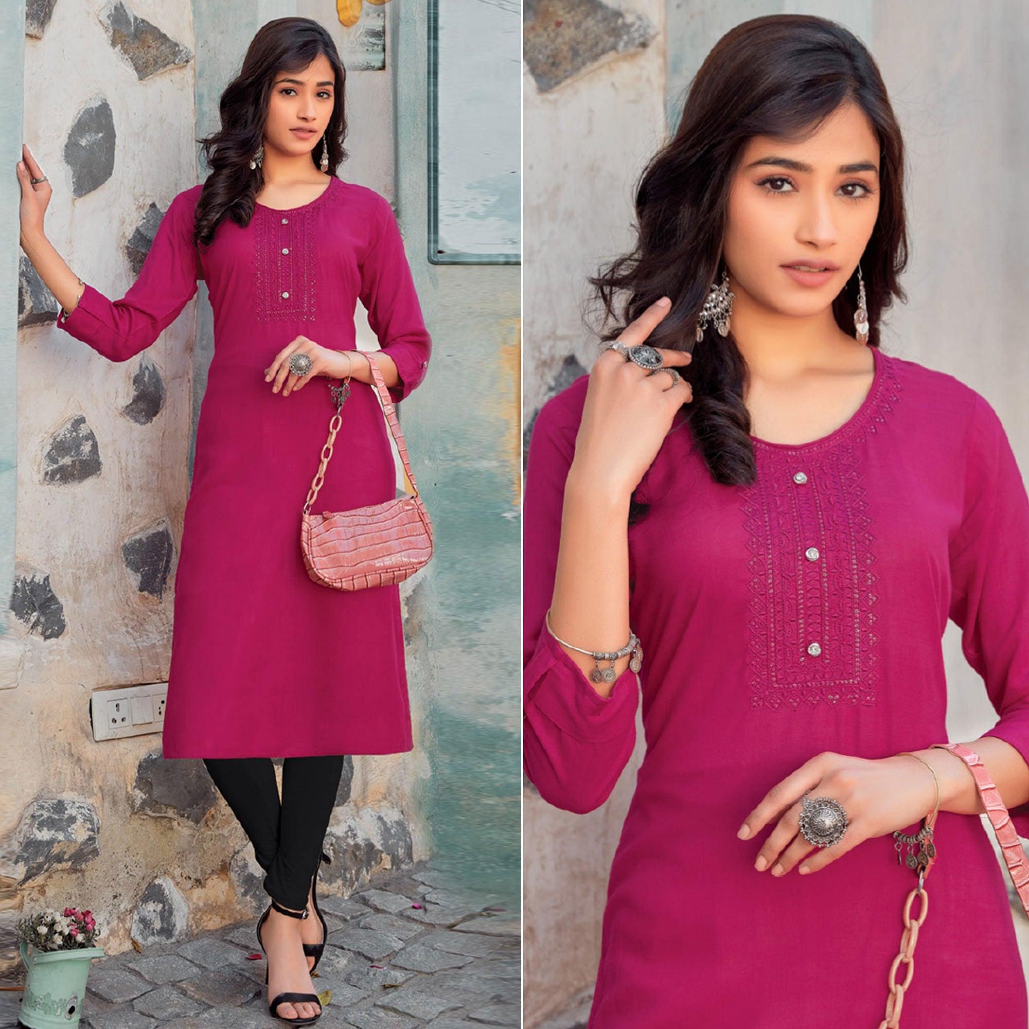 Rani Sequence Embroidered Pure Cotton Kurti - Peachmode