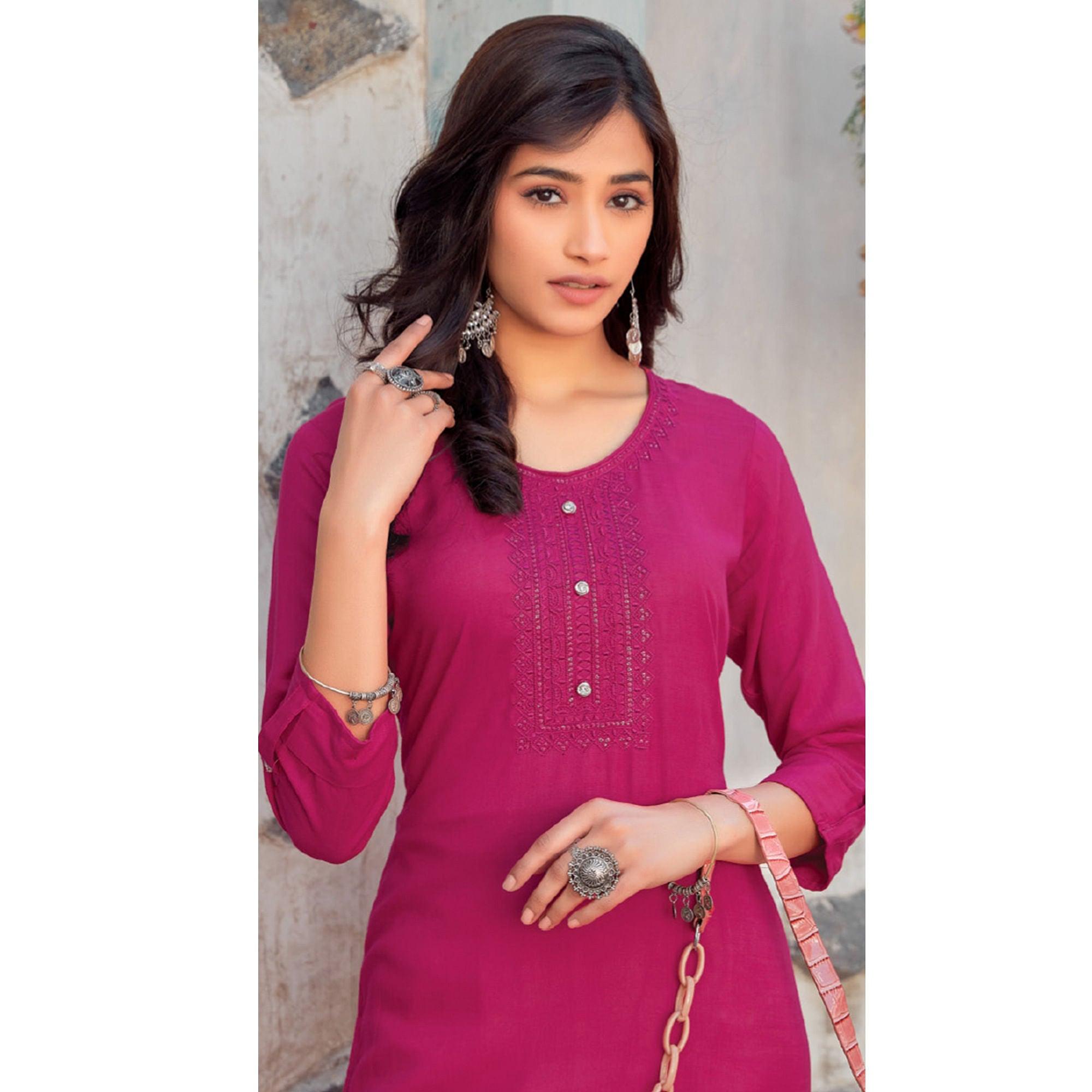 Rani Sequence Embroidered Pure Cotton Kurti - Peachmode