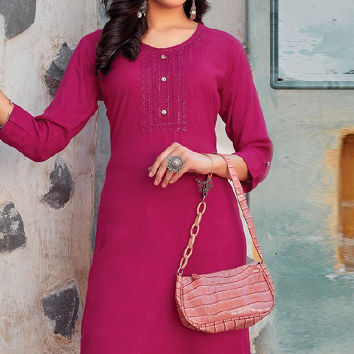 Rani Sequence Embroidered Pure Cotton Kurti - Peachmode