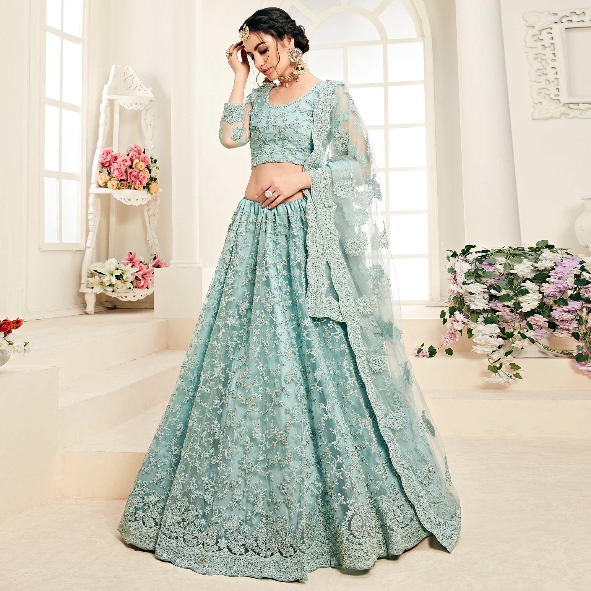 Ravishing Aqua Blue Colored Cording Embroidery Wedding Wear Net Lehenga Choli - Peachmode