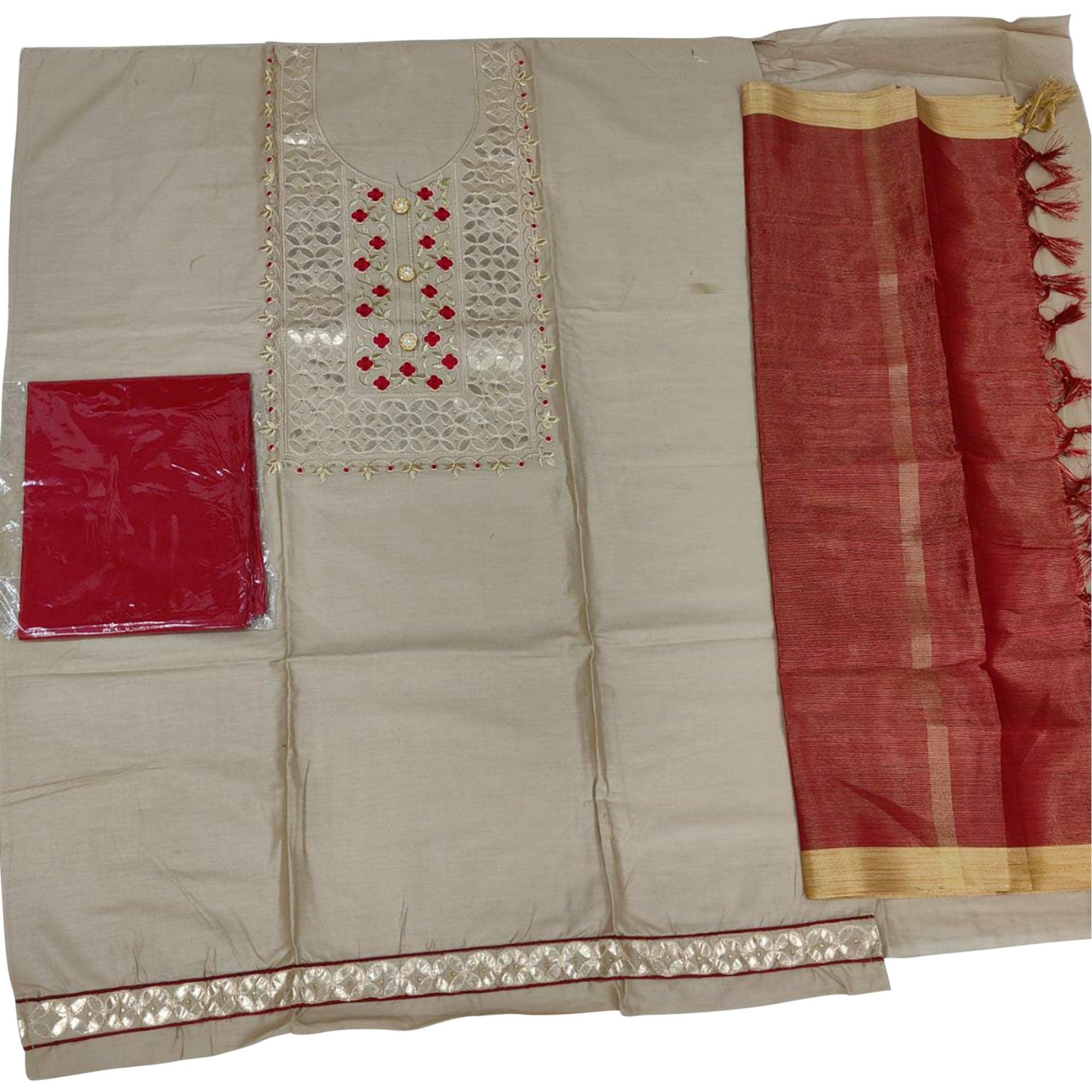 Ravishing Beige Colored Casual Embroidered Cotton Dress Material - Peachmode