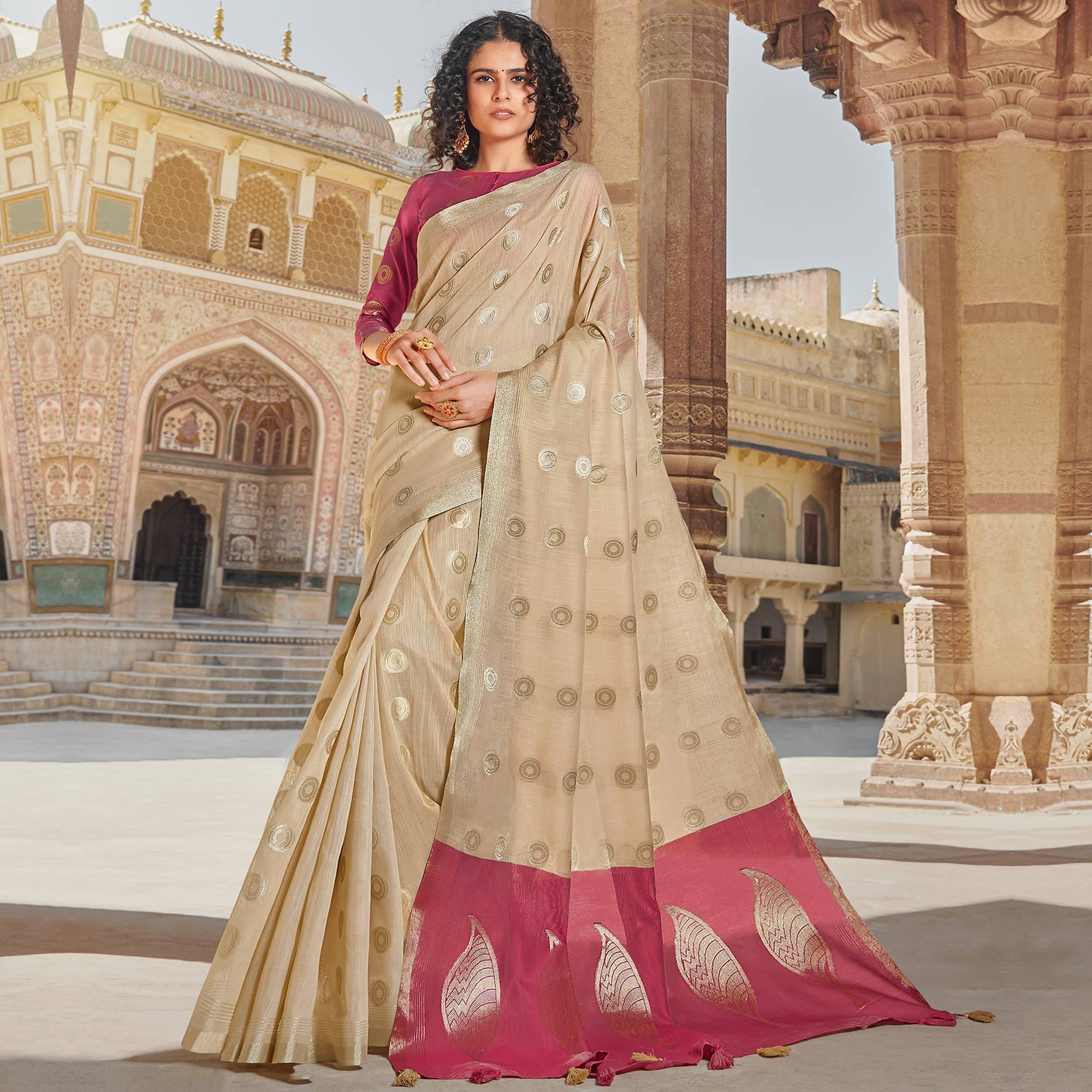 Ravishing Beige Colored Festive Wear Woven Linen Cotton Saree With Tassels - Peachmode