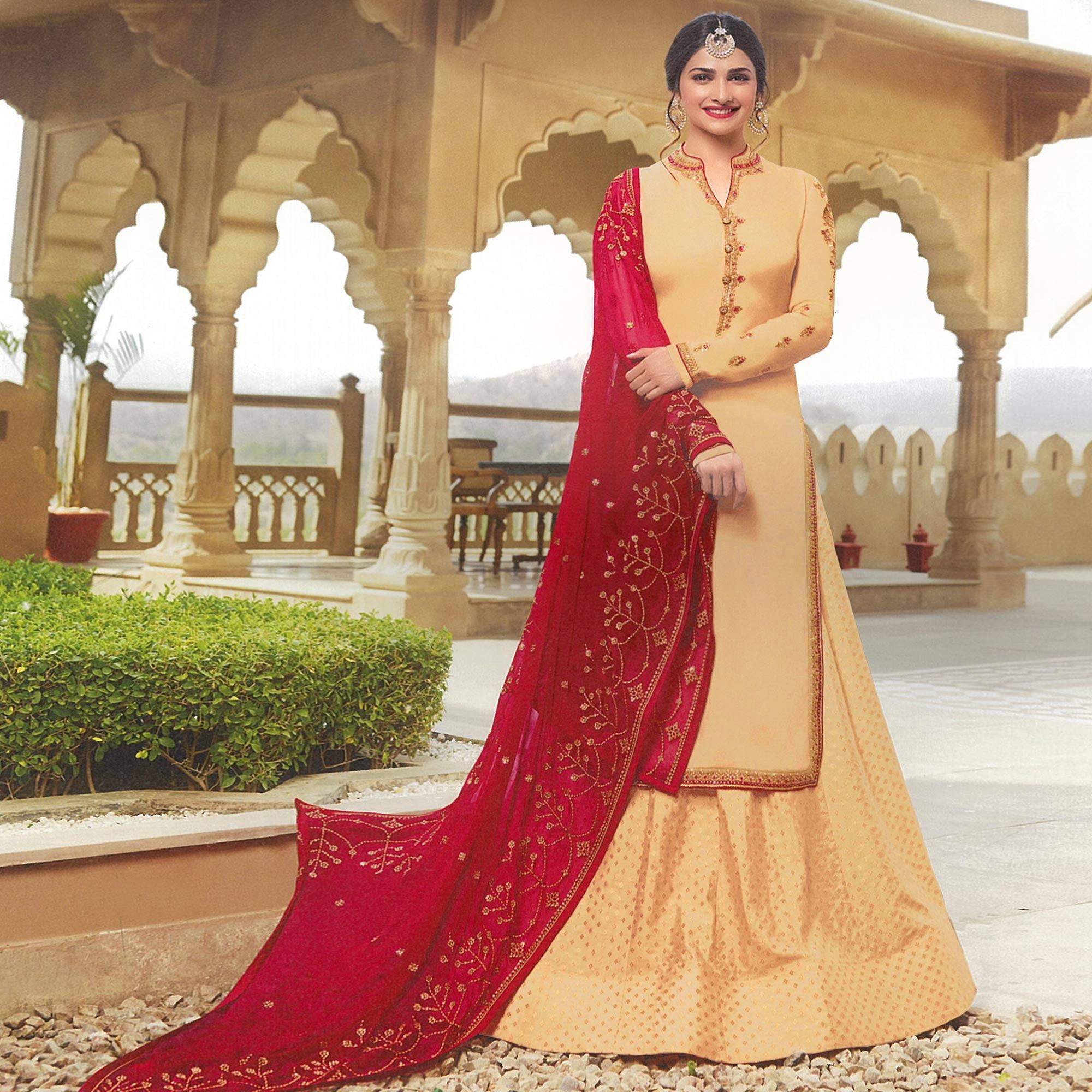 Ravishing Beige Colored Party Wear Embroidered Georgette Satin Lehenga Kameez - Peachmode