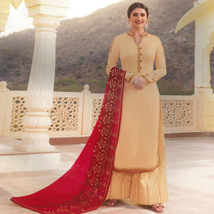 Ravishing Beige Colored Party Wear Embroidered Georgette Satin Lehenga Kameez - Peachmode