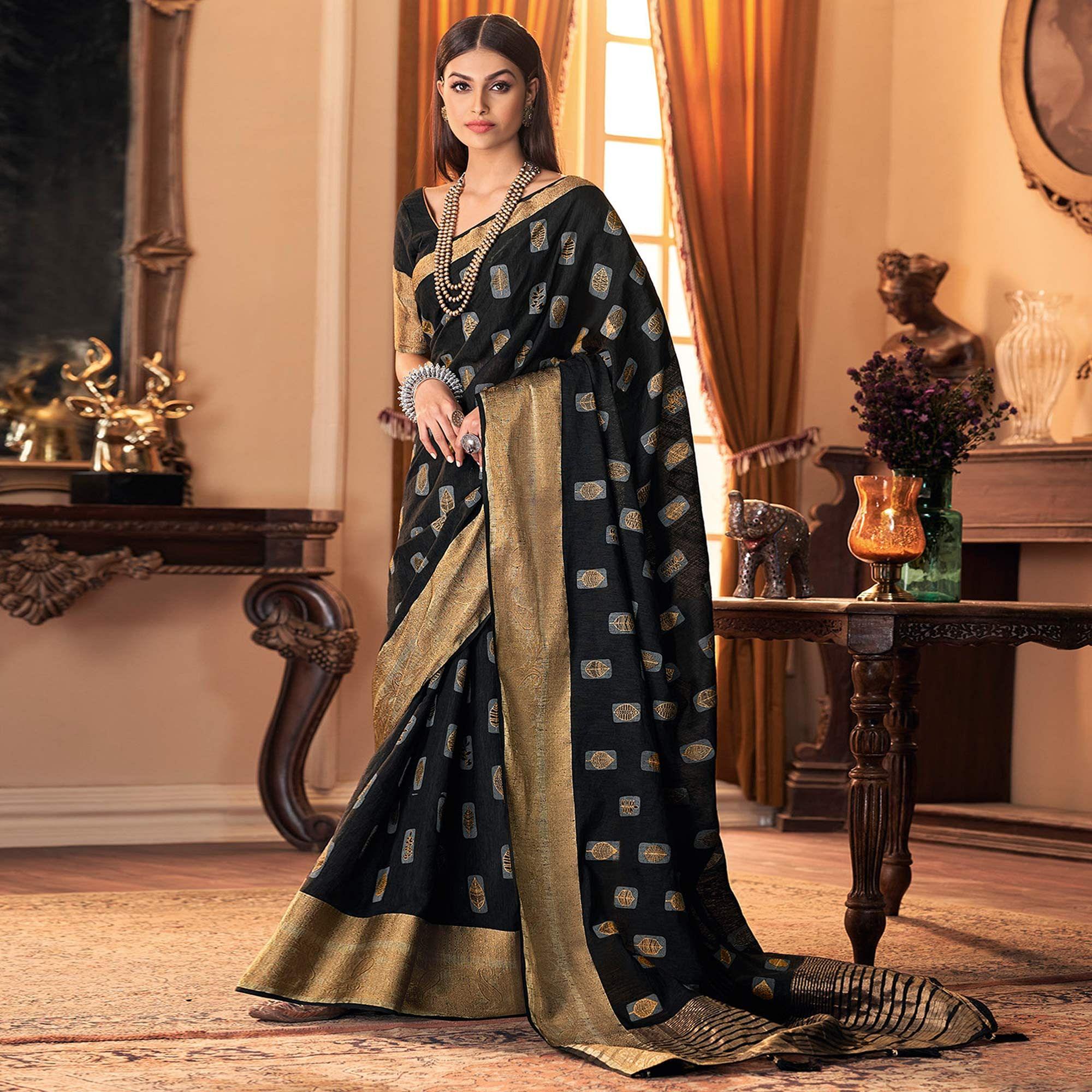 Ravishing Black Colored Festive Wear Printed And Woven Border Silk Saree - Peachmode