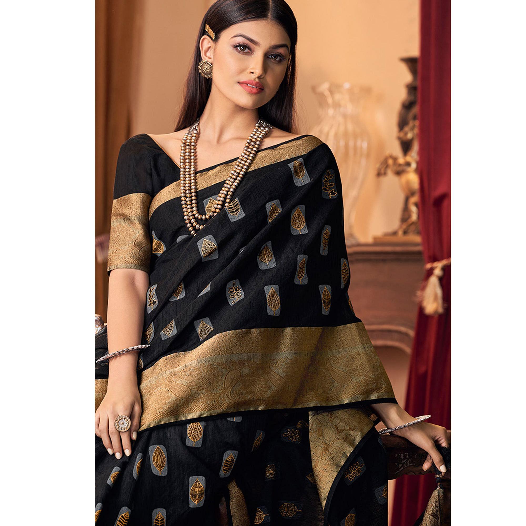 Ravishing Black Colored Festive Wear Printed And Woven Border Silk Saree - Peachmode