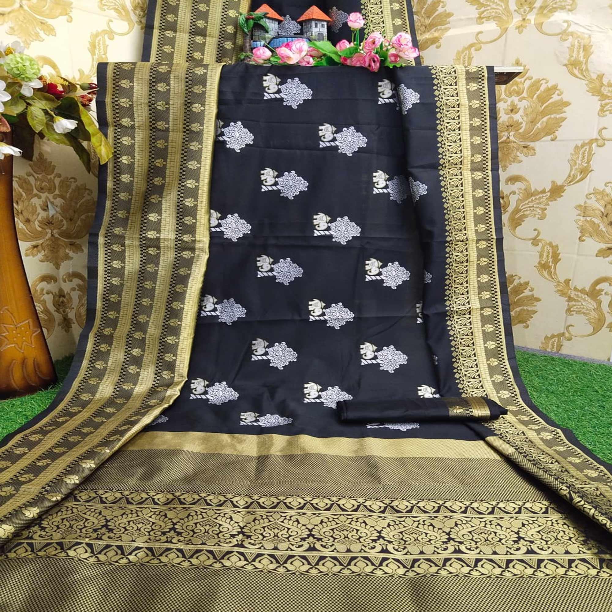 Ravishing Black Colored Festive Wear Woven Kanchipuram Lichi Silk Saree - Peachmode