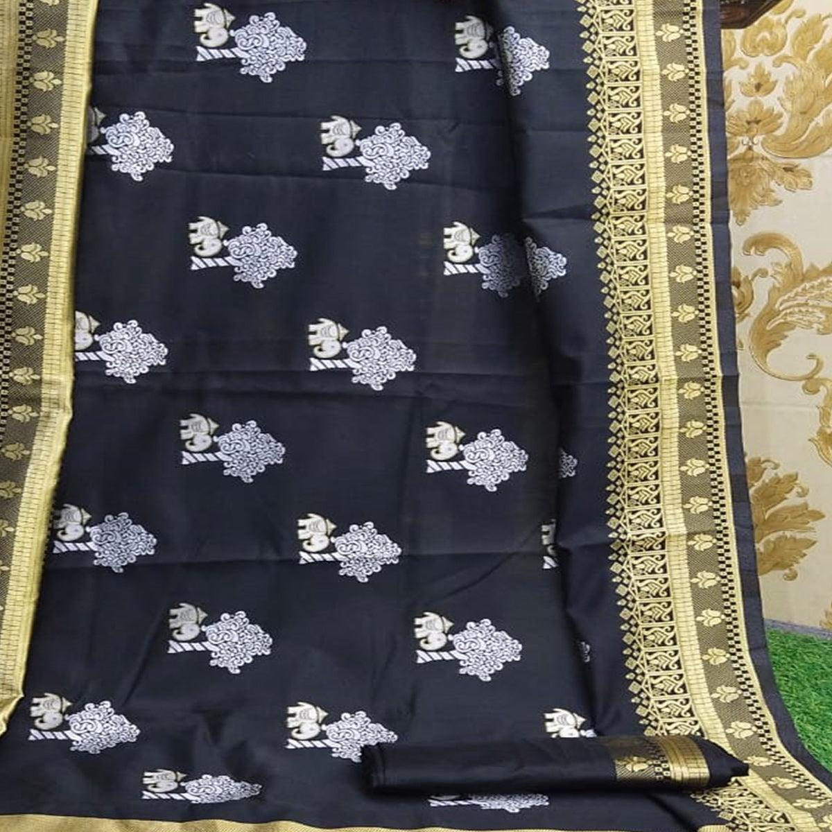 Ravishing Black Colored Festive Wear Woven Kanchipuram Lichi Silk Saree - Peachmode