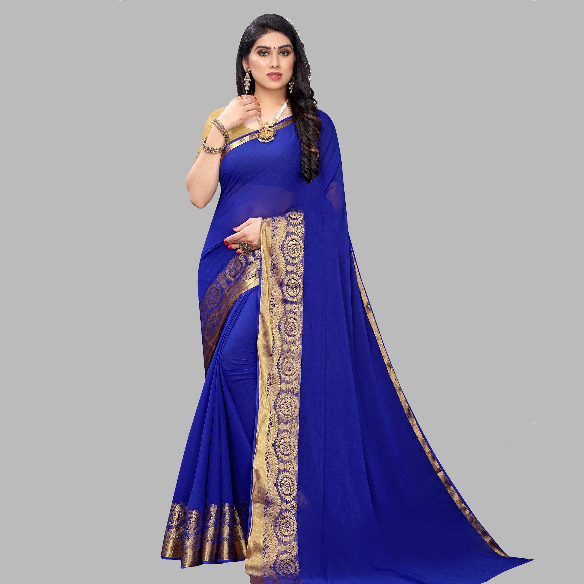 Ravishing Blue Colored Festive Wear Woven Chiffon Saree - Peachmode