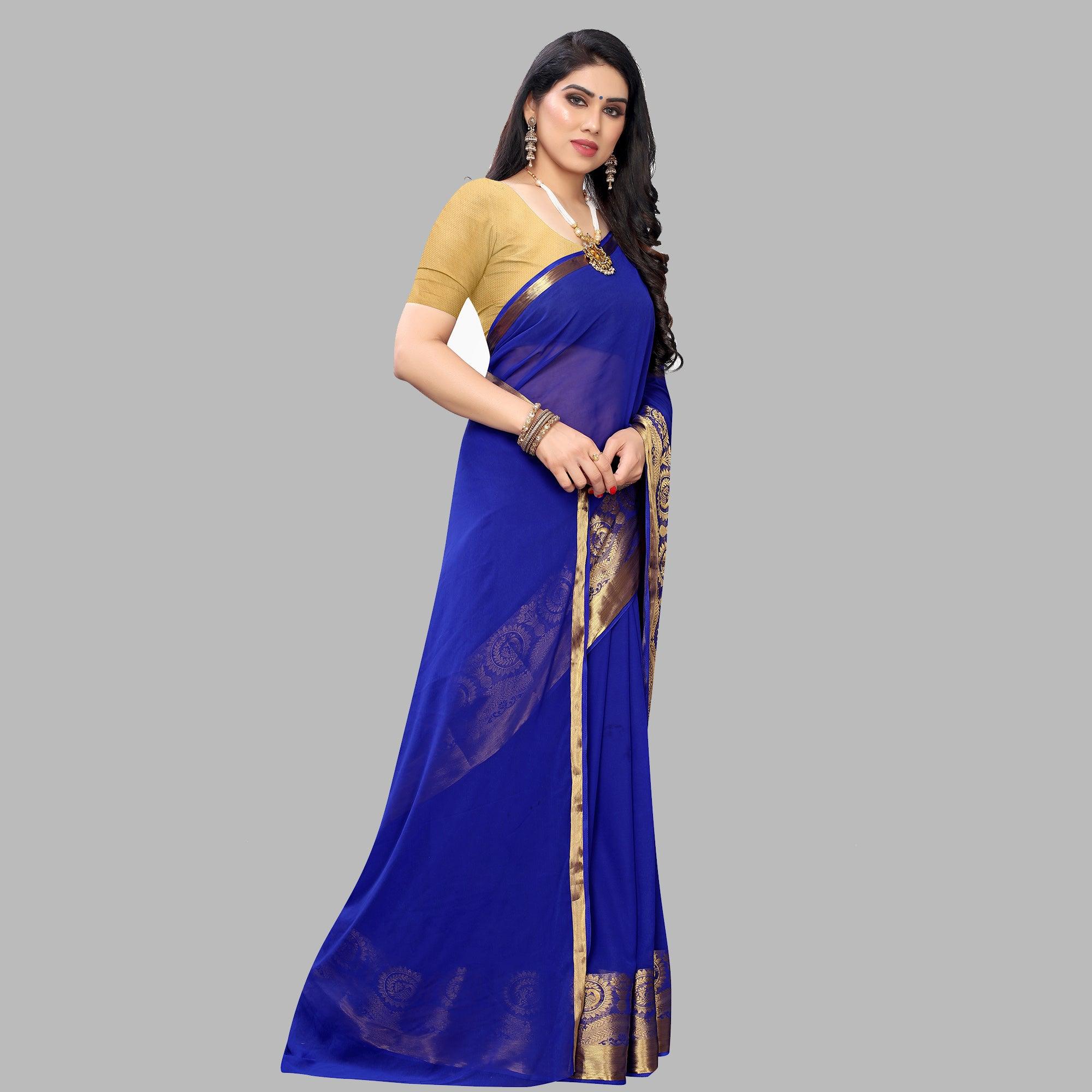 Ravishing Blue Colored Festive Wear Woven Chiffon Saree - Peachmode