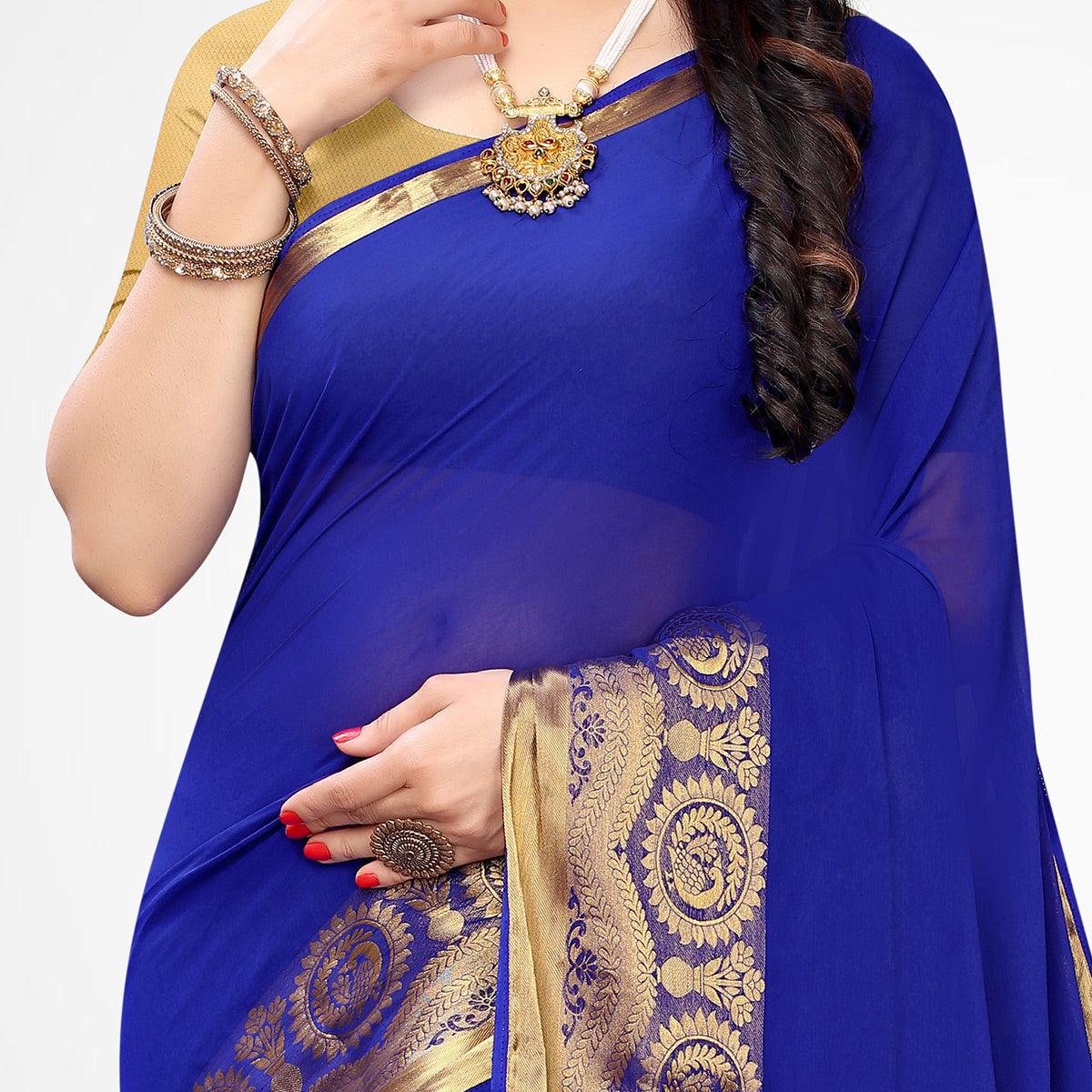 Ravishing Blue Colored Festive Wear Woven Chiffon Saree - Peachmode